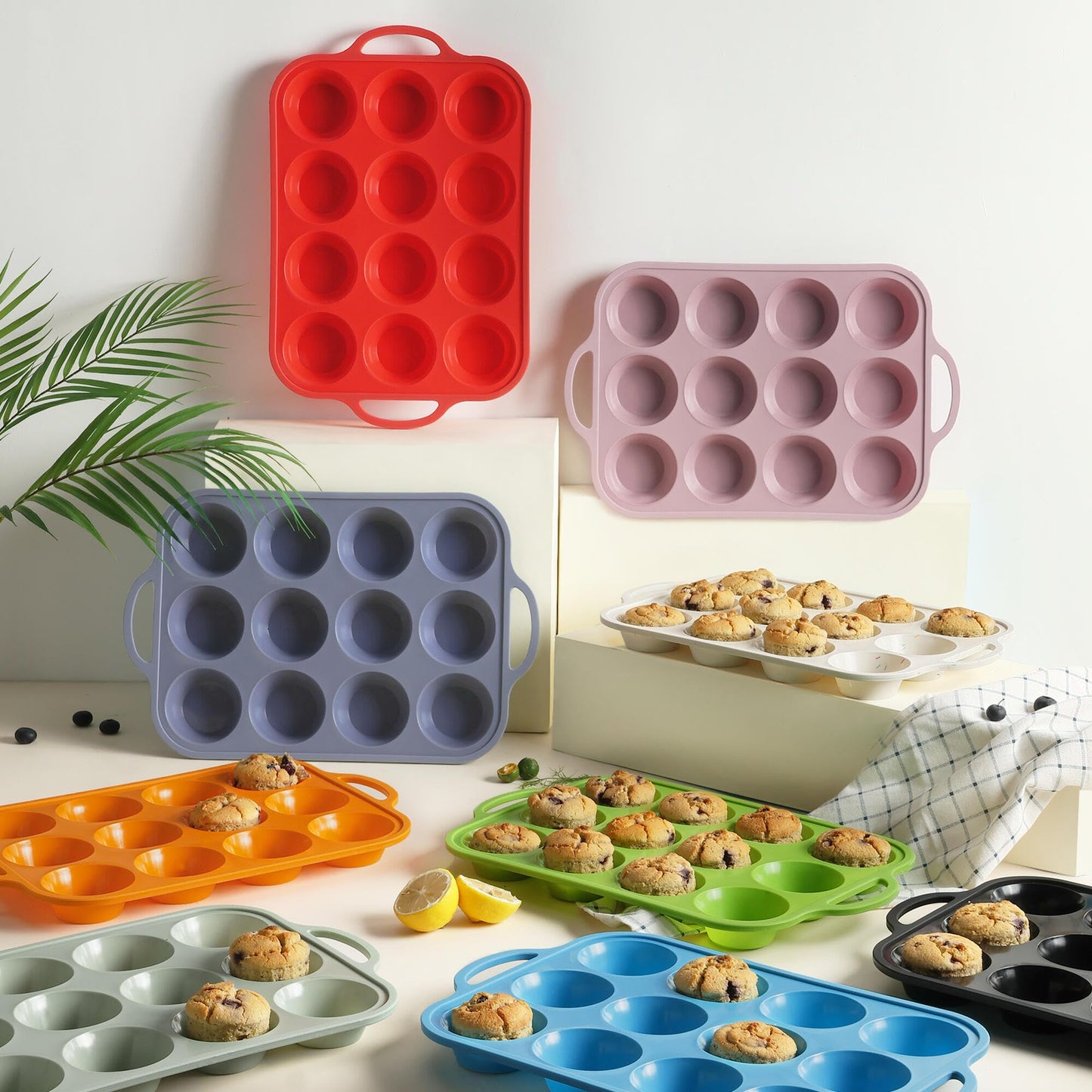 2 Packs 12 Cups Silicone Muffin Pan for Baking with Metal Reinforced Frame Regular Size Cupcake Pan Tray Egg Bites Silicone Cookie Molds Muffin Tin Tart Pans Sheet Set for Oven Dishwasher Safe