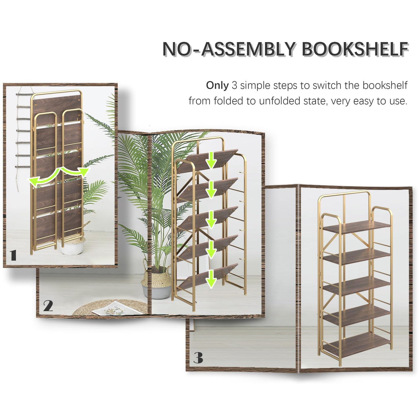 4NM No Assembly Folding Bookshelf 5 Tiers Vintage Industrial Gold Book Shelf Metal Foldable Storage Bookcase and Bookshelves for Living Room,Bedroom and Kitchen - Brown