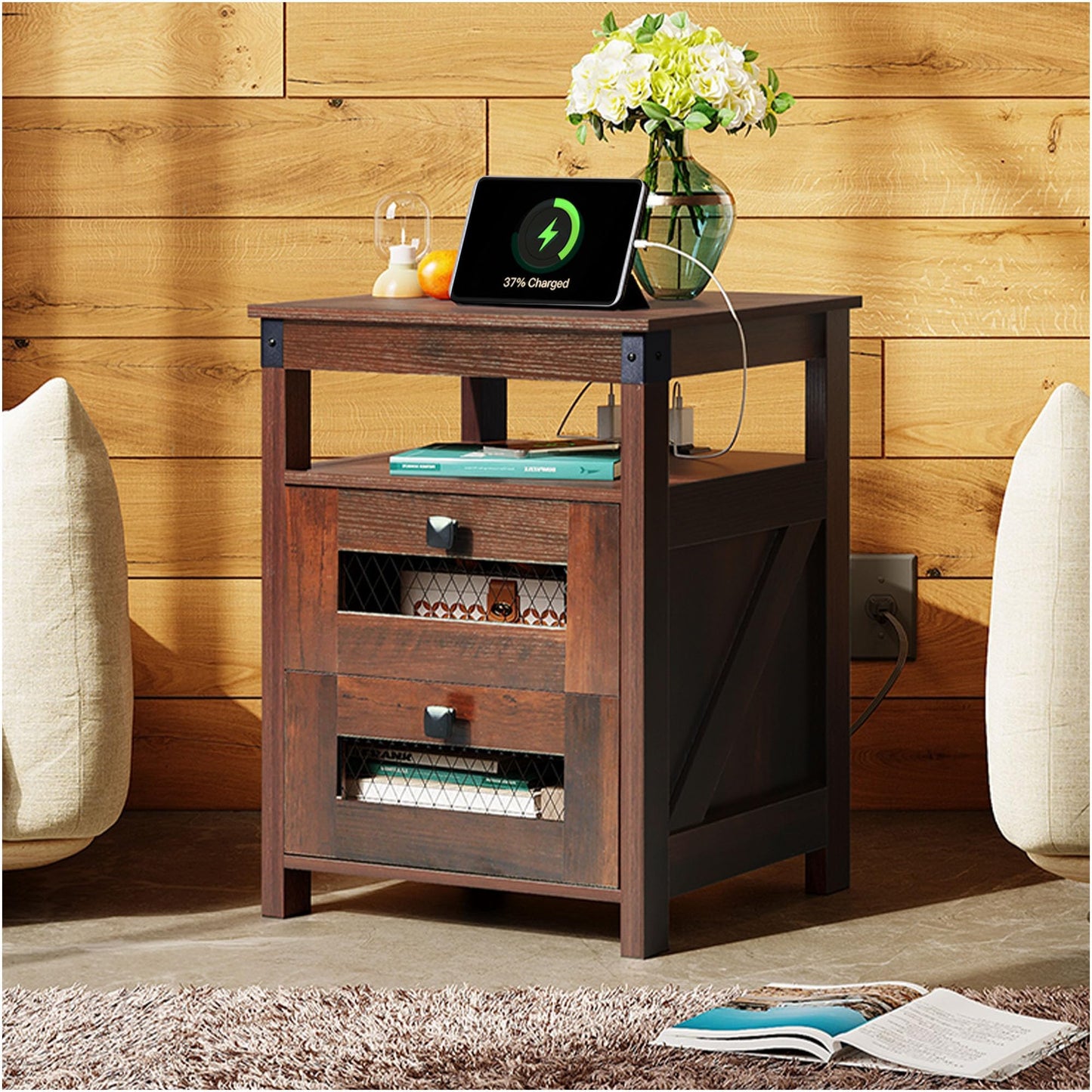 WLIVE Side Table with Charging Station, Farmhouse End Table, Bed Side Table with 2 Mesh Drawers Storage & Open Shelf, Rustic Wooden Cabinet Night Stand for Bedroom, Living Room, Espresso