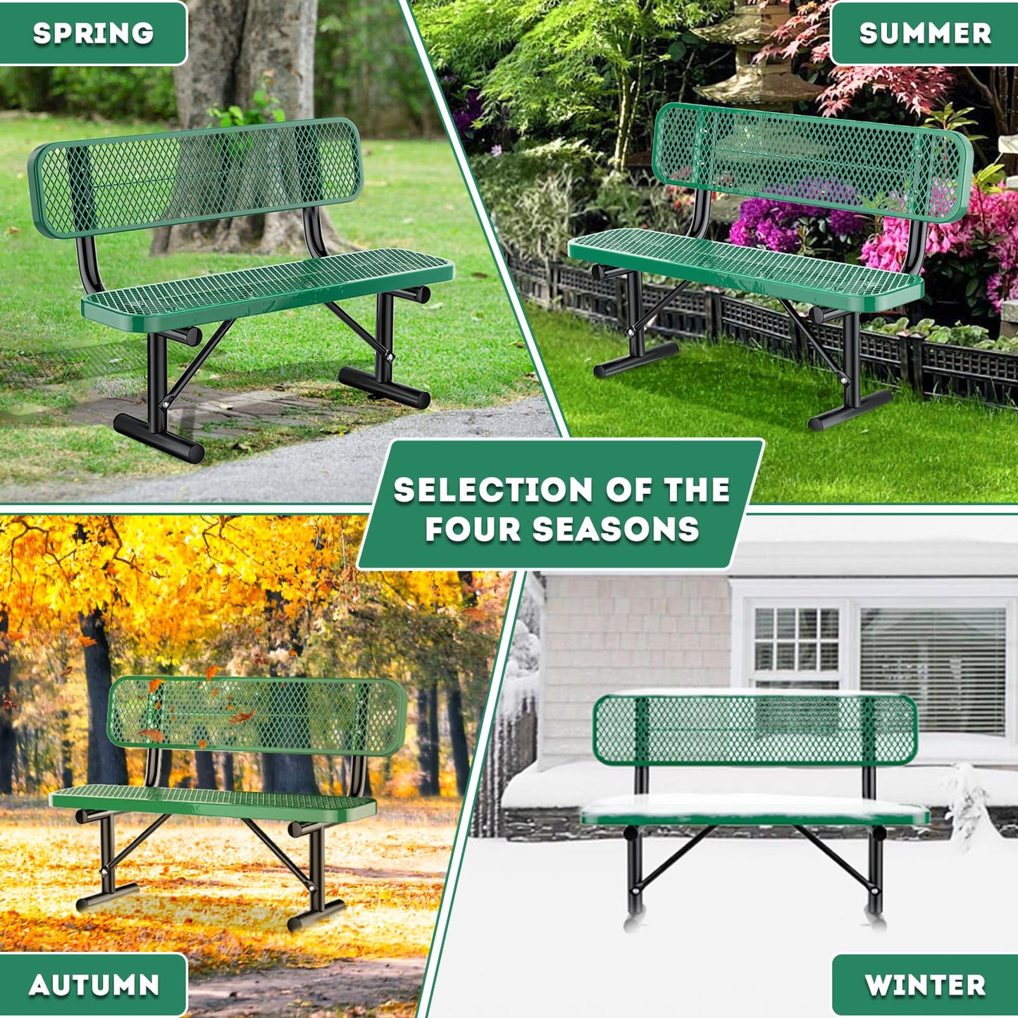 4FT/48INCH Heavy Duty Metal Park Bench for Outside, Outdoor Garden Benches with Backrest & Portable Frame, Expanded Metal Mesh Bench for Shopping Malls, Lawn, Park, Deck, Patio, Porch, Green