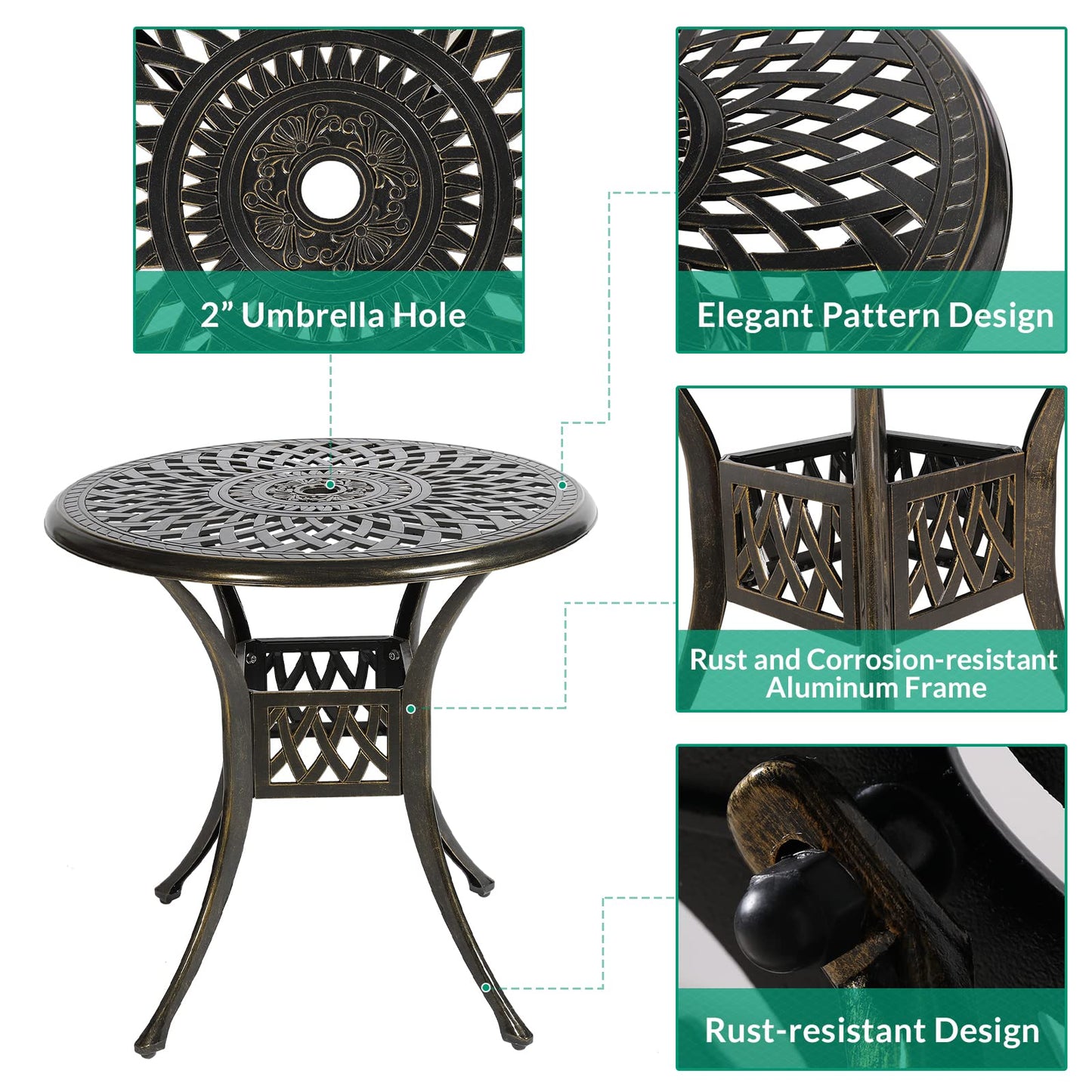 VIVIJASON 3-Piece Patio Bistro Set, Outdoor All-Weather Cast Aluminum Furniture Dining Set, Include 2 Swivel Chairs and 31" Round Table w/Umbrella Hole for Balcony, Lawn, Garden, Antique Bronze