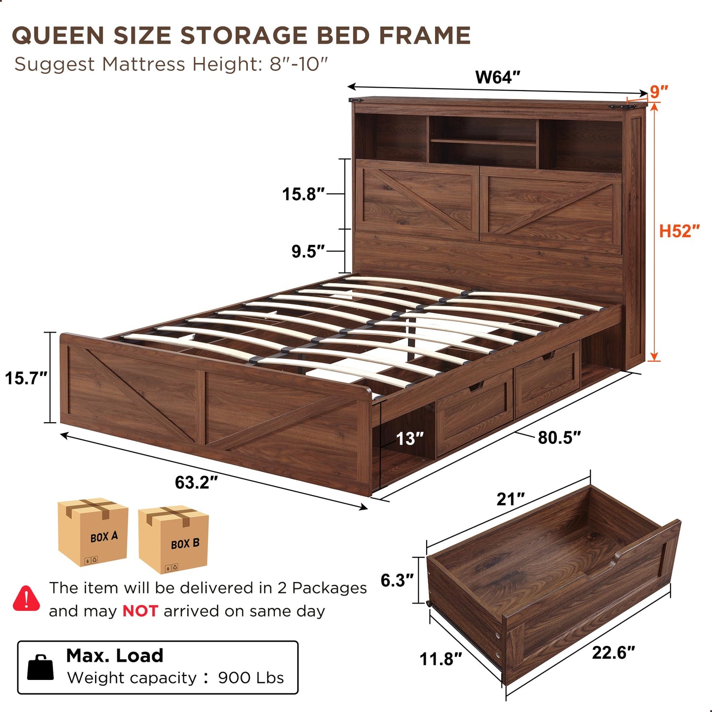 ACCOHOHO Farmhouse Queen Size Wood Bed Frame with 52" Tall Storage Headboard and 4 Drawers,LED Light,Charging Station,Solid Wood Slats Support,Noiseless,No Box Spring Needed,Brown