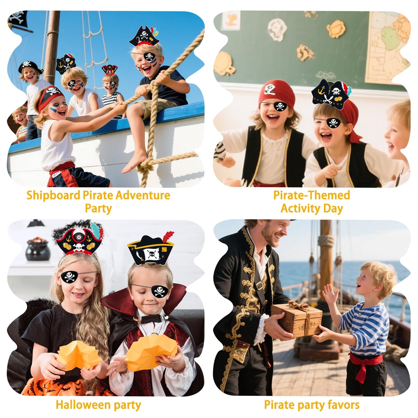 24 Set Pirate Hat Headbands & Eye Patches, Paper Pirate Costume Accessories Decoration for Pirate Theme Party Supplies Halloween Fancy Dress Caribbean Cosplay - Party Favors for Boys & Girls (48 Pcs)