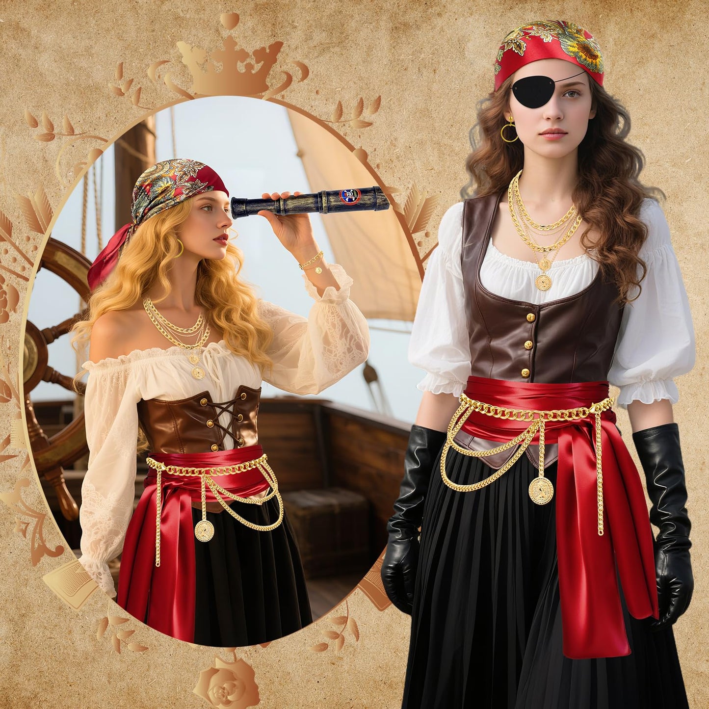 8 Pcs Pirate Costume Accessories for Women Men, Bandanas Head Scarf Eye Patch Sash Necklace Bracelet Chain Belt Earring Telescope Pirate Accessories for Halloween Cosplay Party