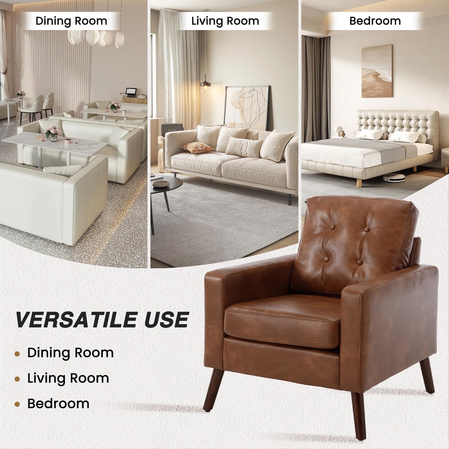 Wahson Accent Chairs Set of 2, Faux Leather Tufted Single Sofa, Brown Oversized Club Chair, Mid Century Modern Armchair with Wood Legs for Reading/Living Room/Bedroom