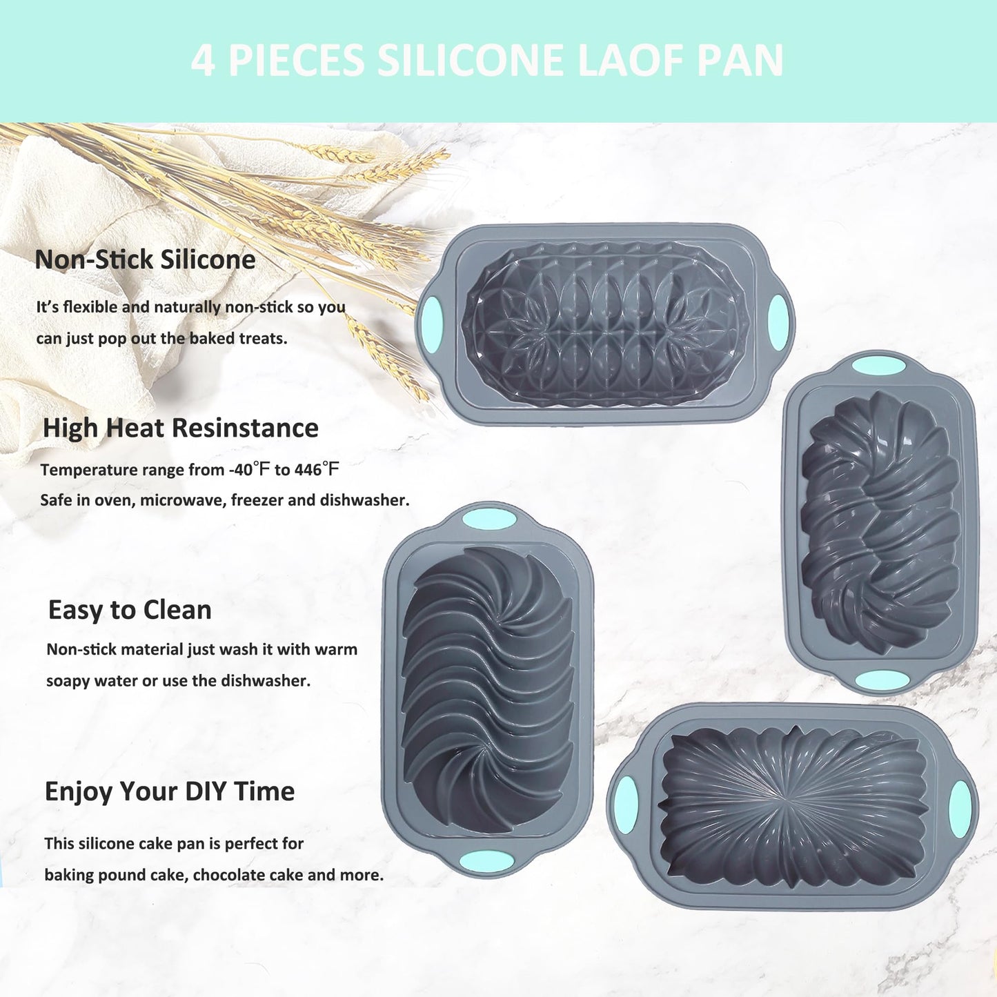 4 Piece Silicone Loaf Pan for Baking Bread, Non-Stick Kitchen Oven Bread Pan, Perfect for Banana Bread, Sandwich Bread, Pound Cake and Meatloaf, 4 Cups, Grey