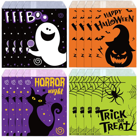 Whaline 120Pack Halloween Treat Bags 4 Designs Cartoon Grimace Pumpkin Cat Ghost Spider Pattern Candy Buffet Bags Trick or Treat Paper Gift Bags for Chocolate Cookies Goodies Halloween Party Favor