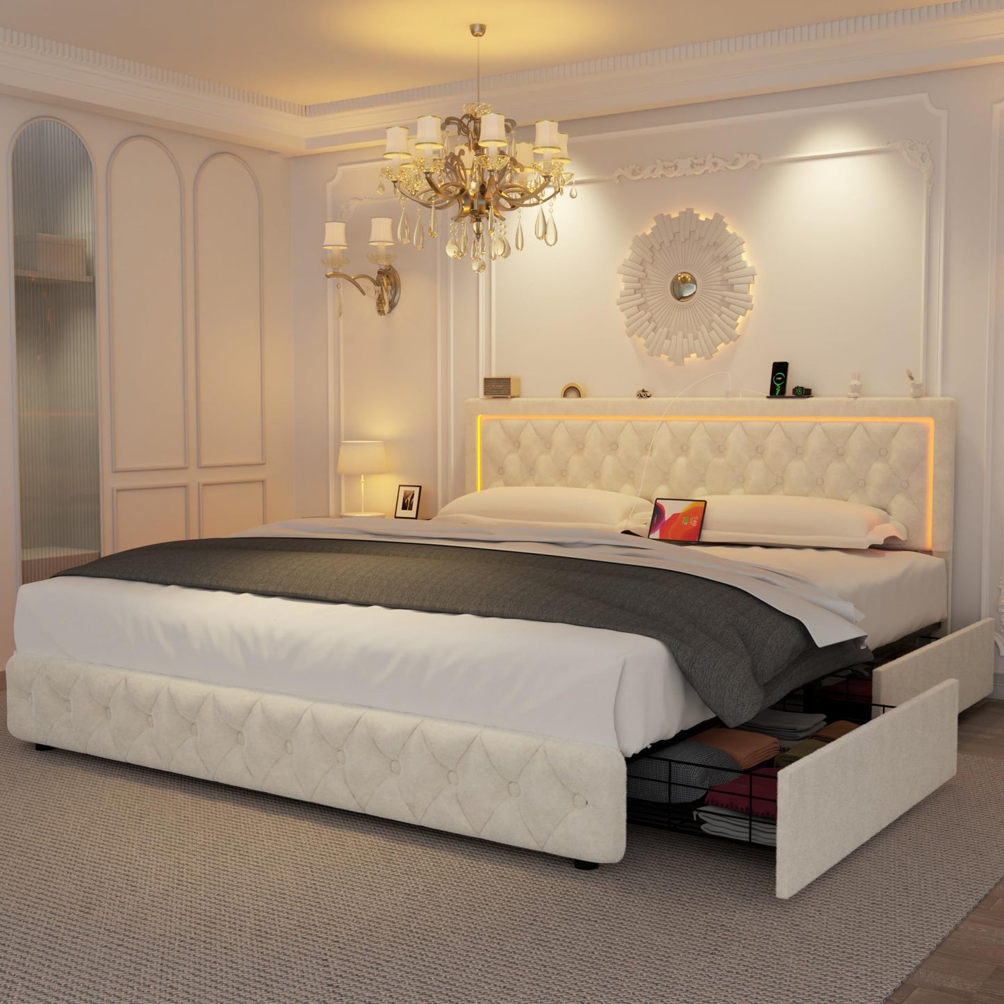 VOHOBY Queen Bed Frame with 4 Storage Drawers, Velvet Upholstered Bed Frame Queen Size with Charging Station and LED Lights, 46" Adjustable Button Tufted Headboard, No Box Spring Needed, Beige