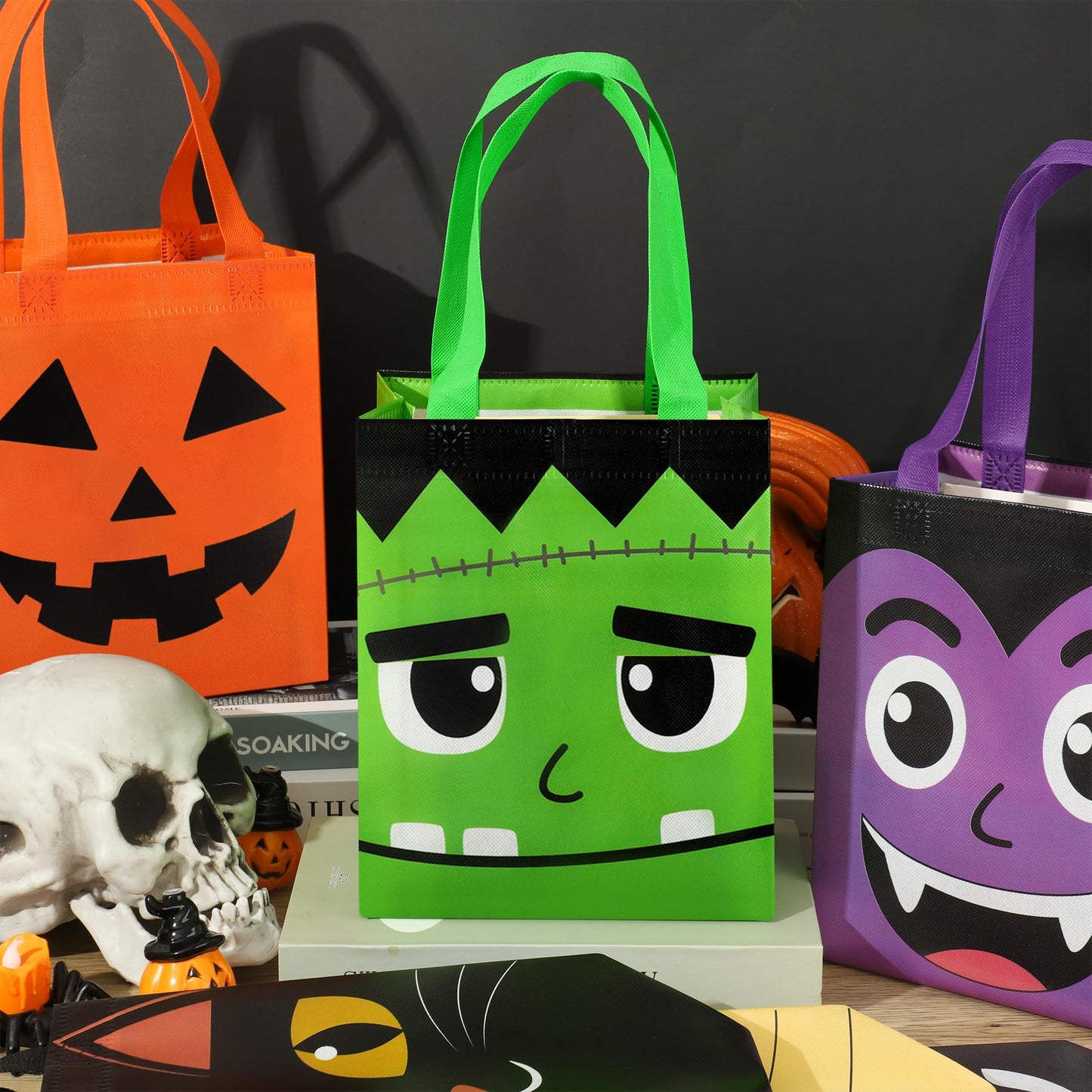 12 PCS Halloween Trick or Treat Bags 10.2 x 8.26 Inch Non-Woven Candy Tote Bag with Handles Reusable Pumpkin Ghost Cat Mummy Zombie Candy Goodie Bags Halloween Party Gift Bag for Halloweens Party Supplies