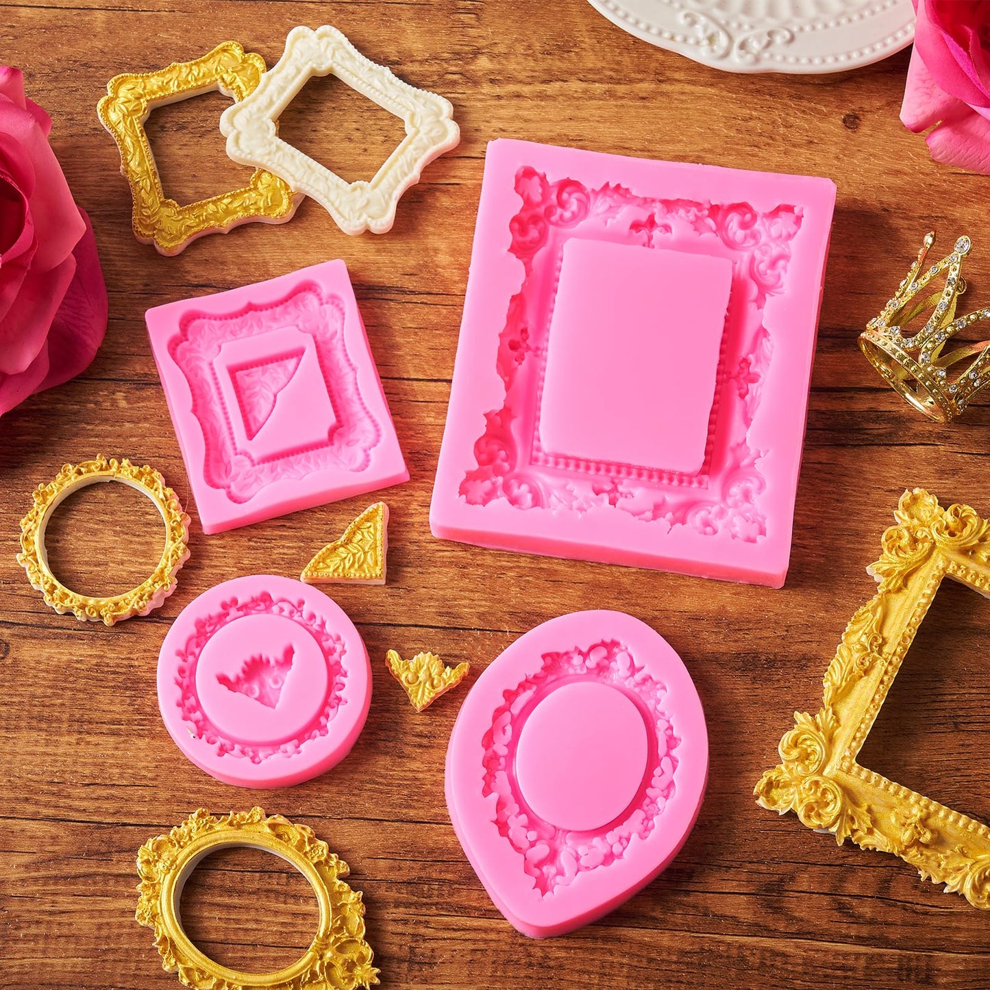4 Pcs Photo Frame Silicone Molds, Fondant Sugar Mold Chocolate Candy Molds for Cupcake Topper, Donut Cake Puck Decoration and Clay Craft Making