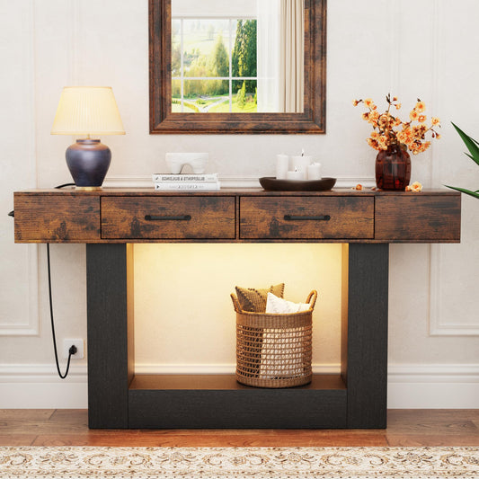 63" Long Console Table with LED Lights & Charging Station,2-Tier Entryway Table with Drawers and Open Storage Shelf for Entry Way,Farmhouse Sofa Table with Heavy Duty Base for Hallway, Foyer(Brown)