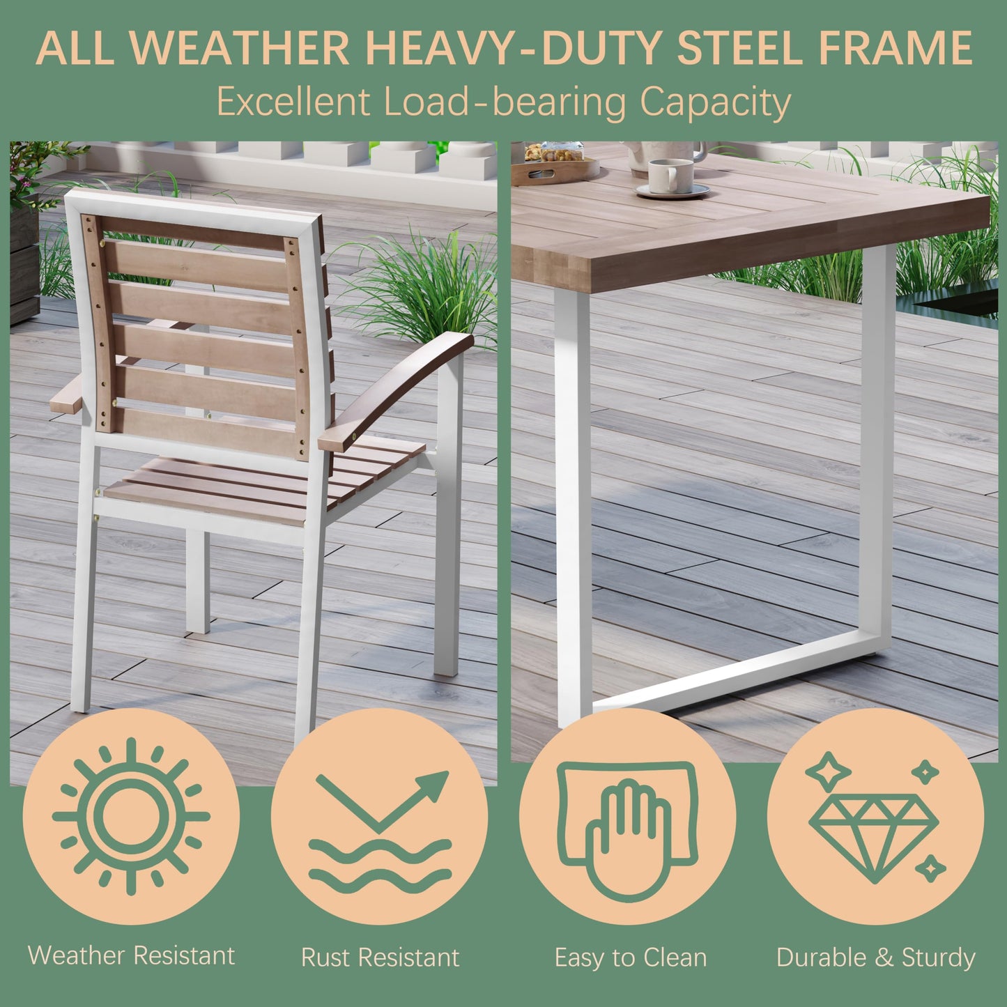WiberWi 7 Piece Outdoor Dining Set for 6, Acacia Wood 59.1" Patio Table and Chairs Set with Metal Frame, Patio Dining Furniture Set for Garden, Balcony, Backyard, Poolside, Natural & White