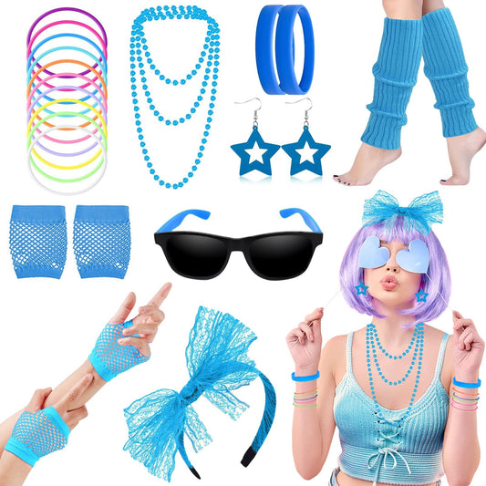 80s Fancy Dress Costumes Accessories, 1980s Fancy Style Dresses Party Sets & Kits for Women, Neon Leg Warmers Necklaces Bracelet Fishnet Gloves Lace Bow Headband Earrings Sunglasses-Blue