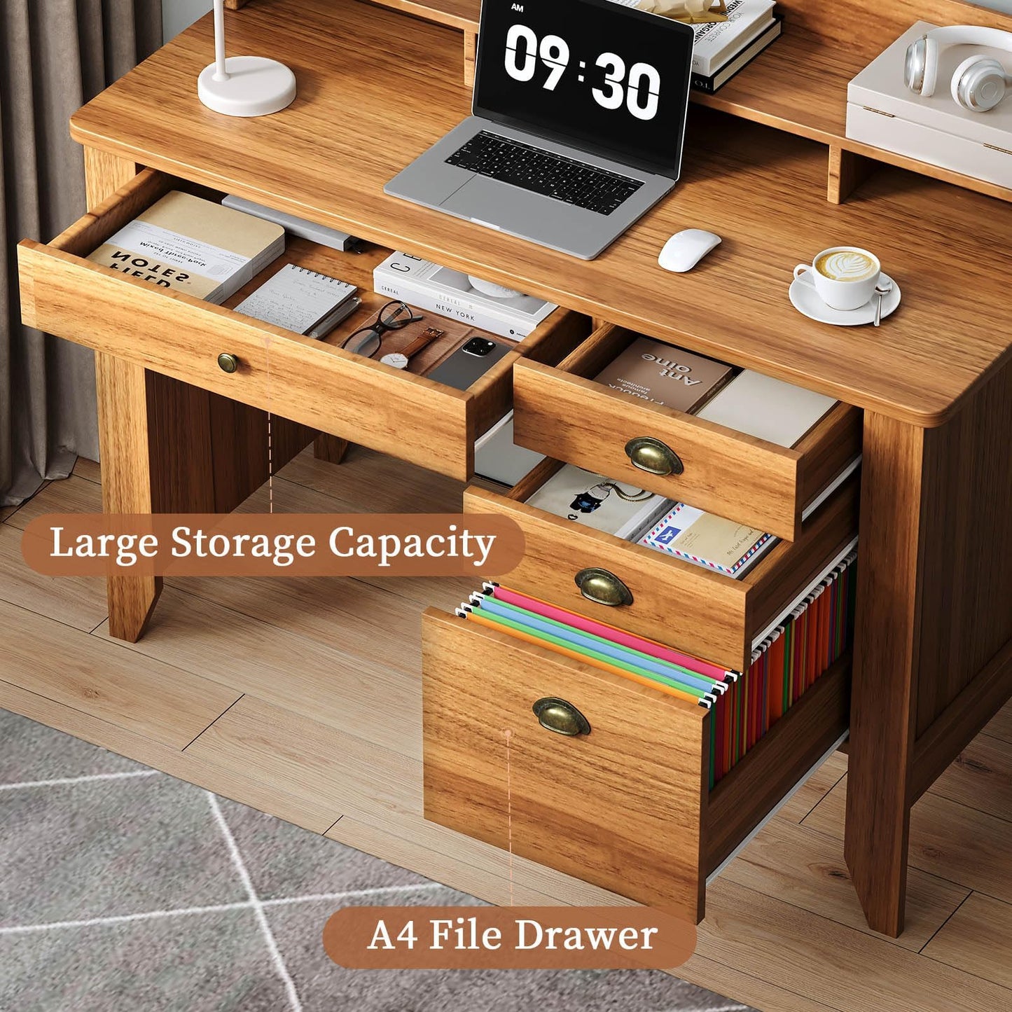 4 EVER WINNER Desk with Drawers, Wooden Desk with Monitor Stand and Drawers, Executive Desks with File Drawer, Home Office Desks for Small Spaces, Bedroom, Walnut
