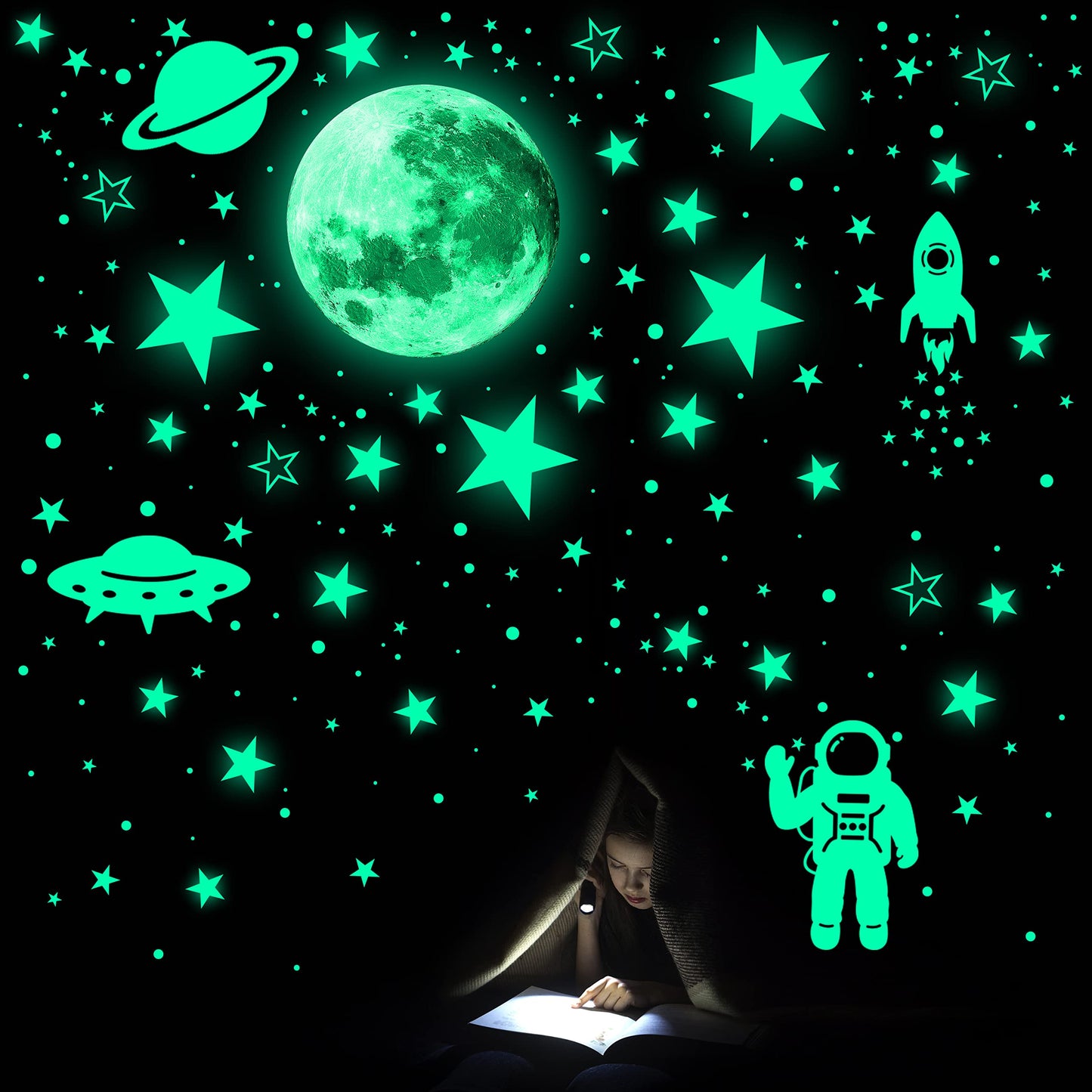 1078 PCS Glow in The Dark Stars for Ceiling Planets Galaxy Space Nursery Wall Stickers Rocket Astronaut Kids Boys Room Decorations Bedroom