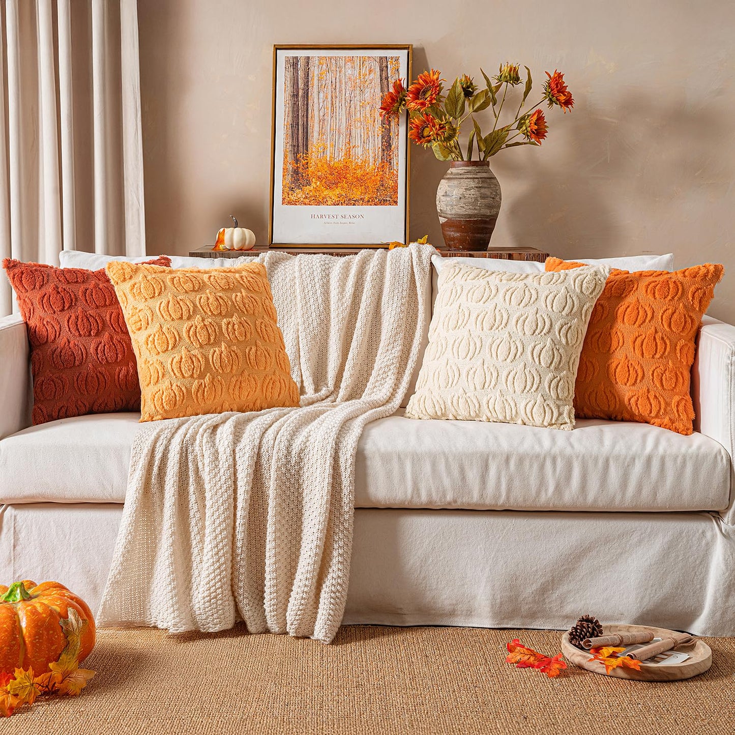 Woaboy Fall Pumpkin Pillow Covers Soft Cozy Plush 18x18 Inch Set of 4 Decorative Pillows Autumn Halloween Holiday Home Decor for Sofa Couch Porch Bed Living Room,Rust-Beige-2