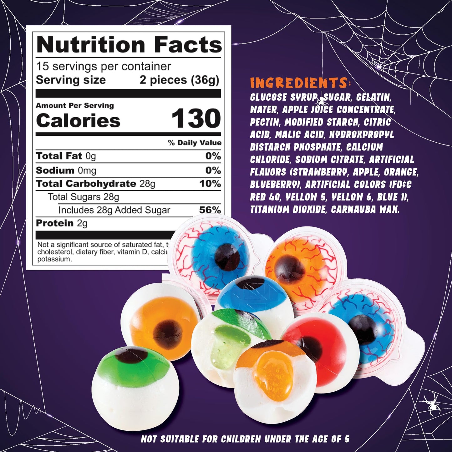 30 Gummy Eyeballs, Spooky Halloween Eyeball Candy in 4 Flavors, Soft Gummies with Jelly Filling, Individually Wrapped, By 4YoreElves (19 oz)