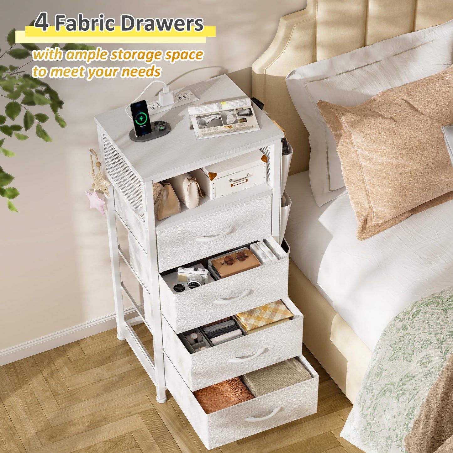 White Nightstand Set of 2,LED Night Stand with Charging Station,Fabric Dresser for Bedroom, Hallway, Entryway, Living Room, Closet, Sturdy Steel Frame, Wood Top, Cloth Bags, Hooks, White