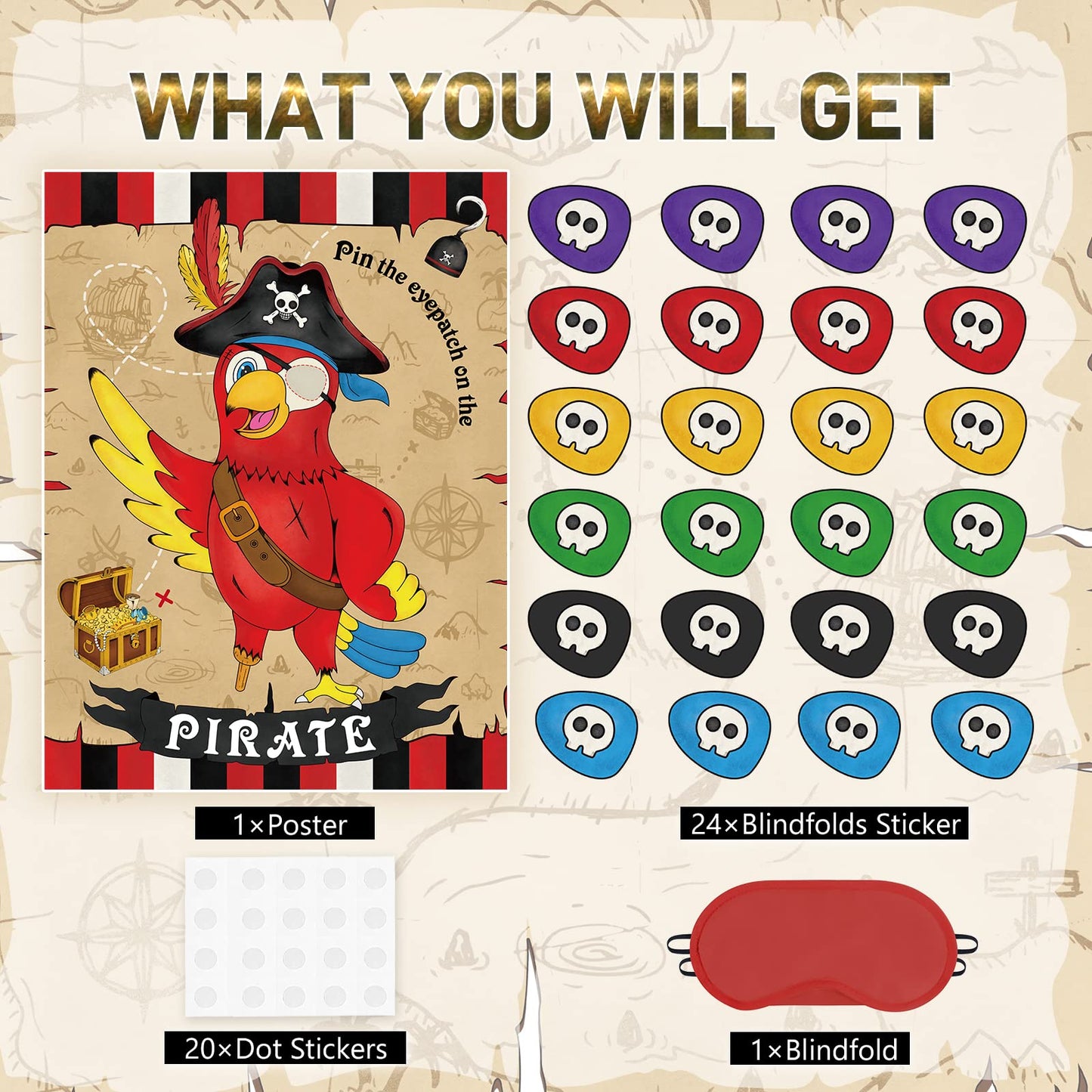 WERNNSAI Pin The Eye Patch on The Pirate - Kids Birthday Party Games Pirate Party Decorations for Kids Boys 28'' x 21'' Parrot Poster with 24 PCS Stickers Halloween Birthday Party Favor