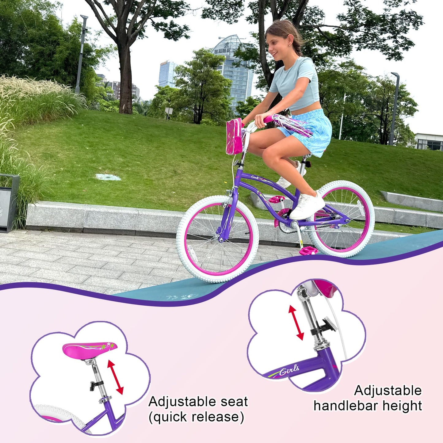 WEIZE Girls Bike for 6-12 Years Old Kids, 20 Inch Kids Bike with Training Wheels, Streamers, Basket and Doll Seat, Children Bicycles with Coaster Brake, Multiple Colors