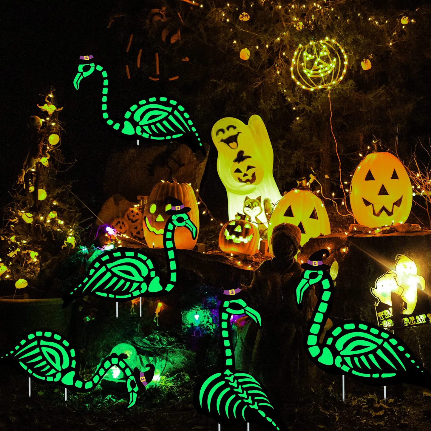 WILLBOND 6 Pcs Halloween Glow in the Dark Skeleton Flamingo Scary Creepy Halloween Outdoor Decor Zombie Flamingo Yard Decor Flamingo Skeleton Decor Scary Halloween Decor for Halloween Party