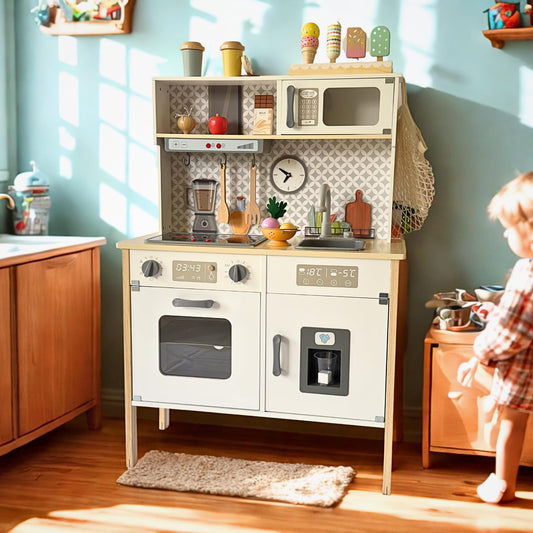 Wooden Play Kitchen for Kids with Working Sink & Faucet Toy – Montessori Sensory Pretend Playset for Toddlers 3-5 – Interactive Kids Kitchen Playset with Lights & Sounds