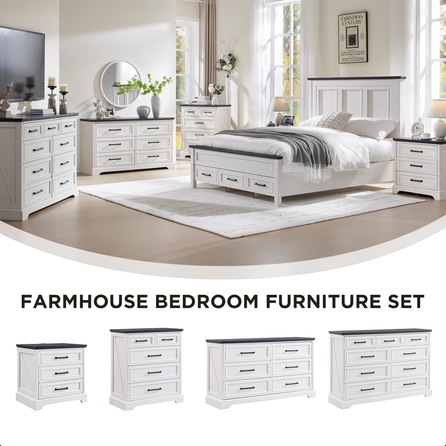 ACCOHOHO Farmhouse Nightstands Set of 2, 22 Inch Wide End Table with Charging Station & 3 Large Drawers, Rustic Wood Small Dresser Chest of Drawers for Bedroom, Living Room, Off White
