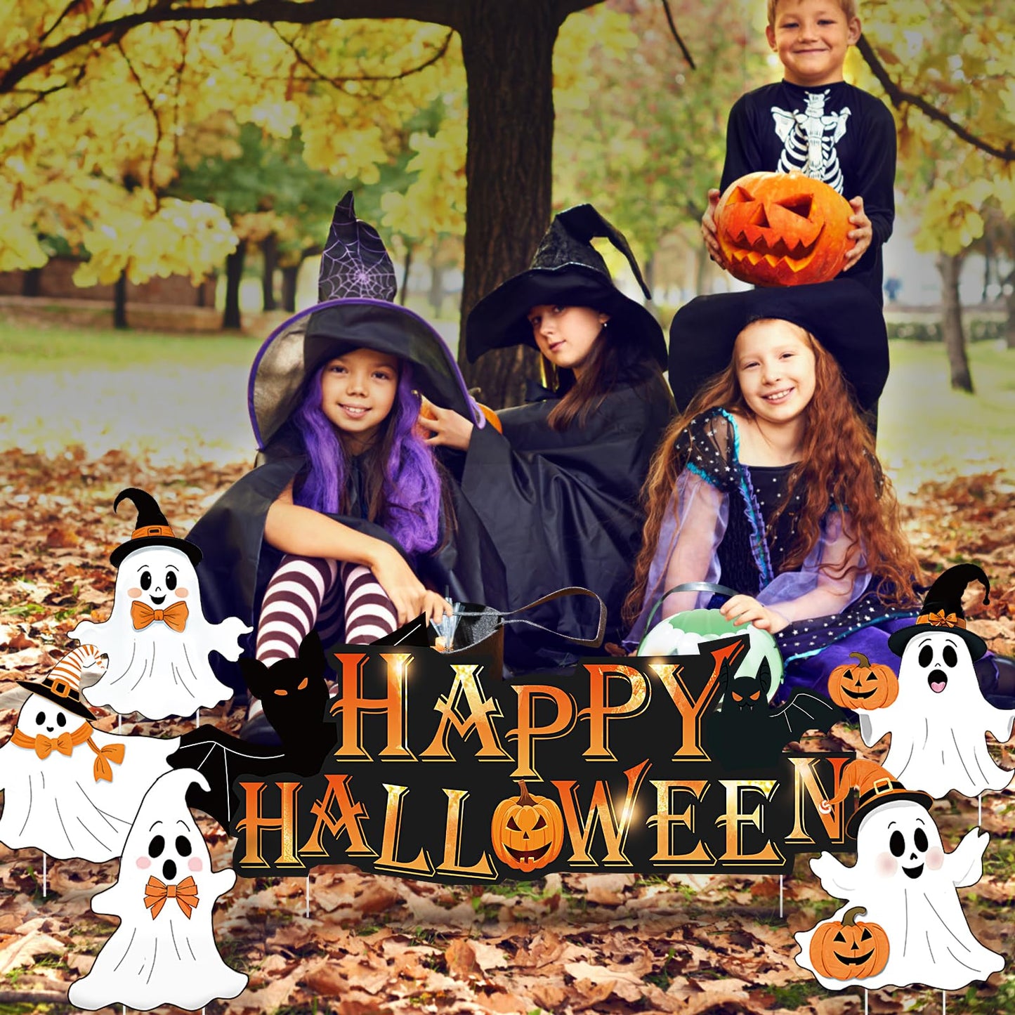 Woosytoo 6Pcs Cute Ghost Halloween Yard Signs with Stakes, Multicolor, Plastic, 14 Stakes, Lawn Signs, Happy Halloween