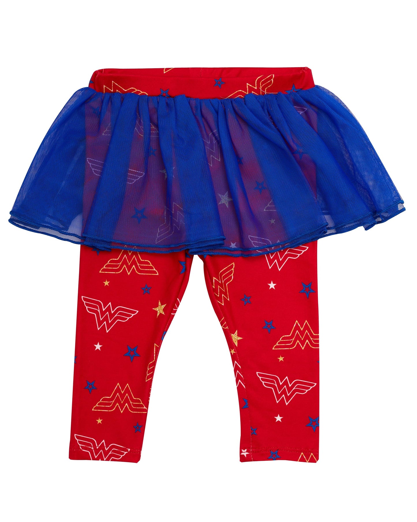 Wonder Woman Baby Girls 4 Piece Set - Short Sleeves T-Shirt with Applique Patch, Legging Pants with Tutu Skirt, Embroidered Onepiece Bodysuit, Drawstring Shorts (Red/Blue/Grey, 3 Months)