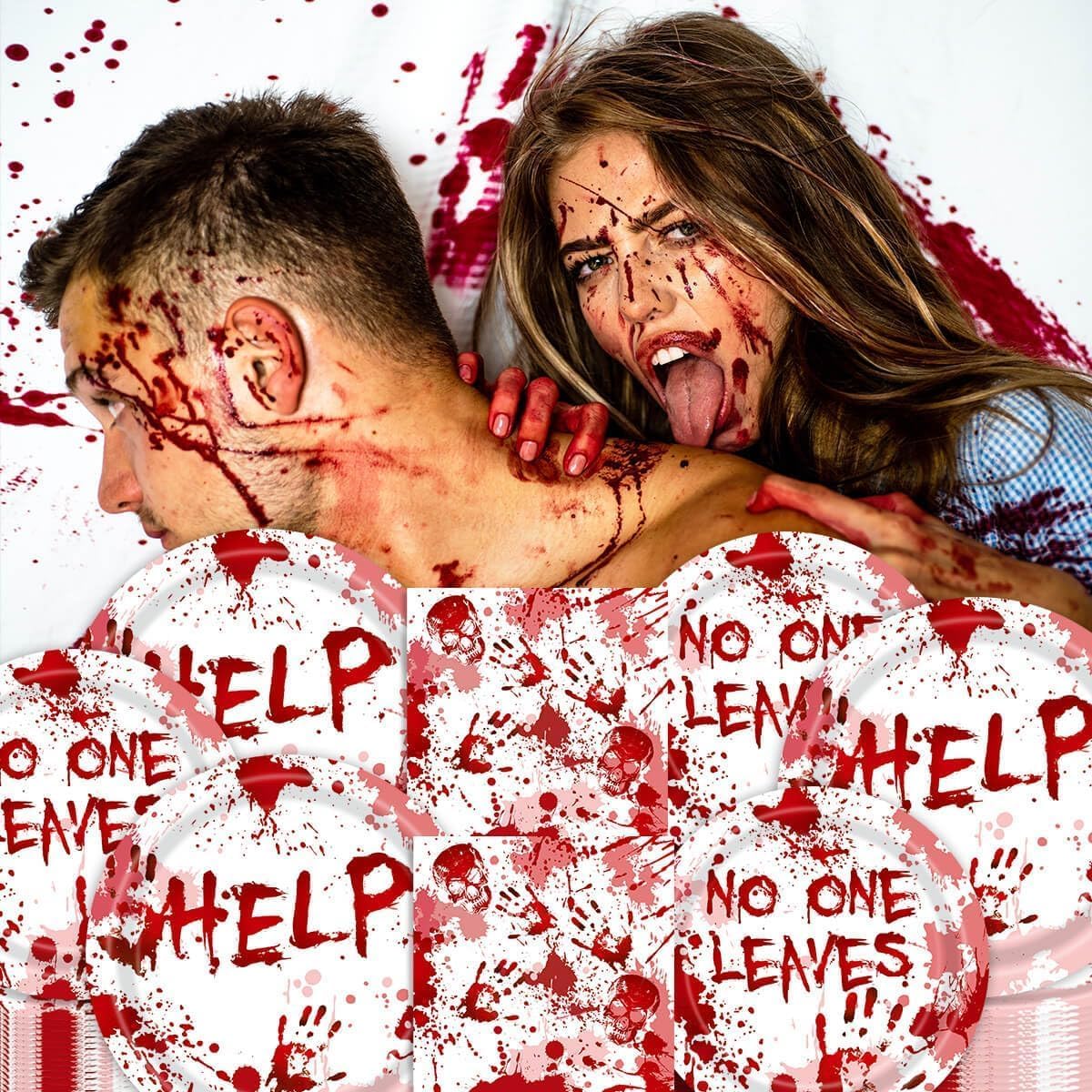 96Pcs Scary Halloween Party Plates Supplies Blood Splatter Party Tableware Sets Decorations Zombie Vampire aunted House Birthday Disposable Paper Plates Napkins Forks Serves 24