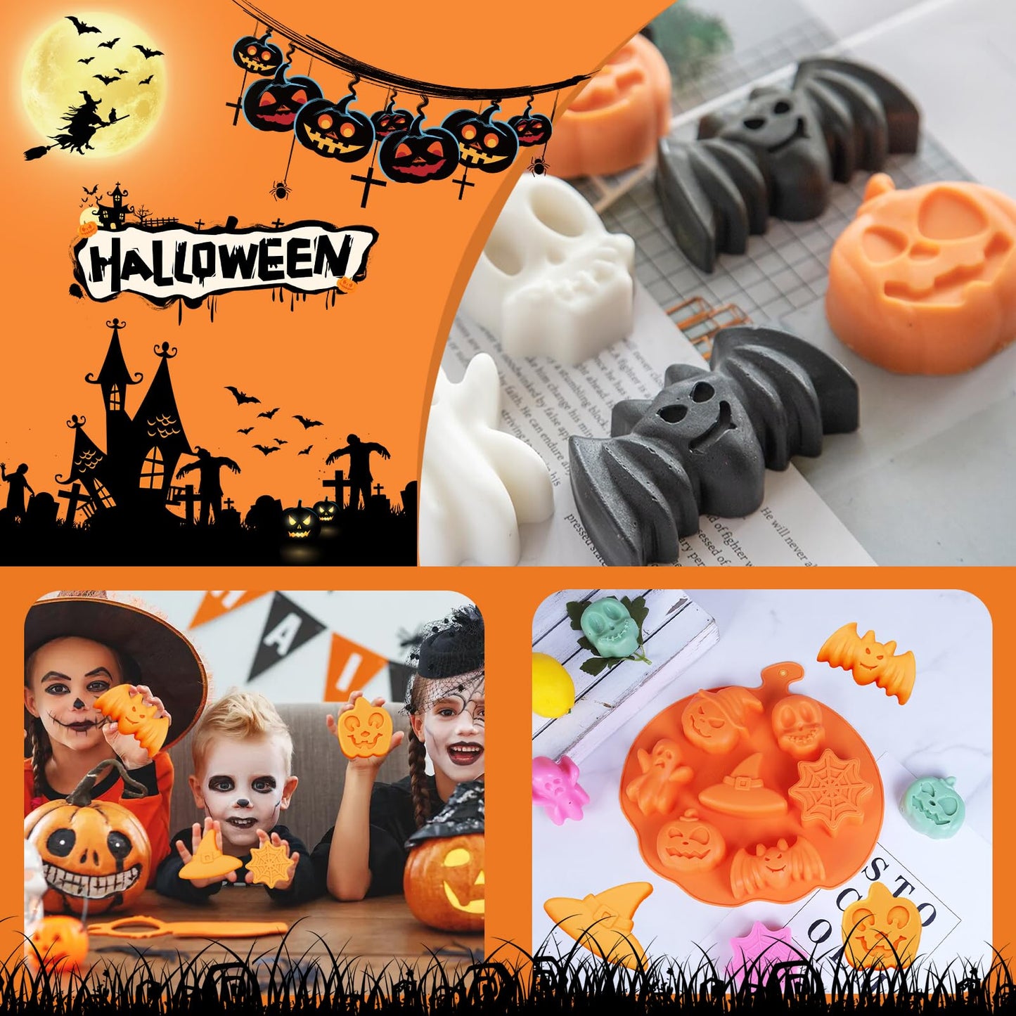 3Pcs LEBERY Halloween Silicone Molds Ghost Pumpkin Skulls Witch Hat Silicone Mold, Non-Stick Halloween Candy Mold Chocolate Cake Cupcake Jelly Ice Cube Baking Crayon Melt Biscuits Fondant Moulds