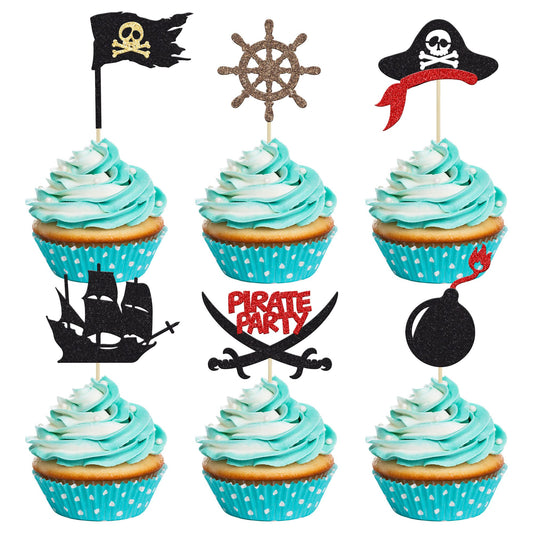 24Pcs Pirate Cupcake Toppers Black Glitter Nautical Sailing Skull Cap Cupcake Picks for Pirate Theme Baby Shower Kids Birthday Party Cake Decorations Supplies