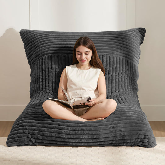 3-in-1 Giant Bean Bag Chair for Adults & Kid, Convertible Floor Sofa to Mattress, High-Density Foam Chair Bed with Washable Cover, Multi Functional Lounge Couch for Bedroom, Living Room (Dark Grey)