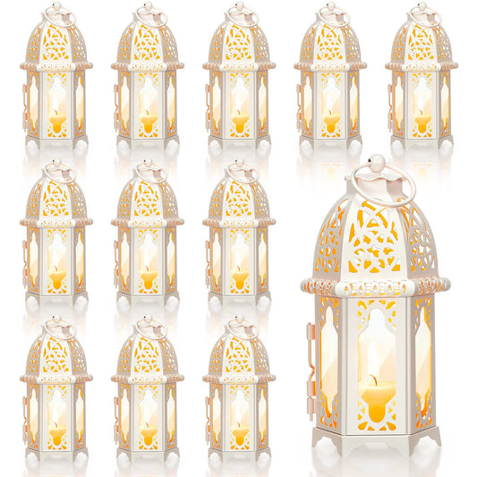 12 Pcs Moroccan Lantern Ramadan Candle Lanterns Vintage Metal Candle Holder with Transparent Glass Hanging Tea Light Holder Bulk for Wedding Halloween Christmas Ramadan Table Centerpiece Diwali Decor