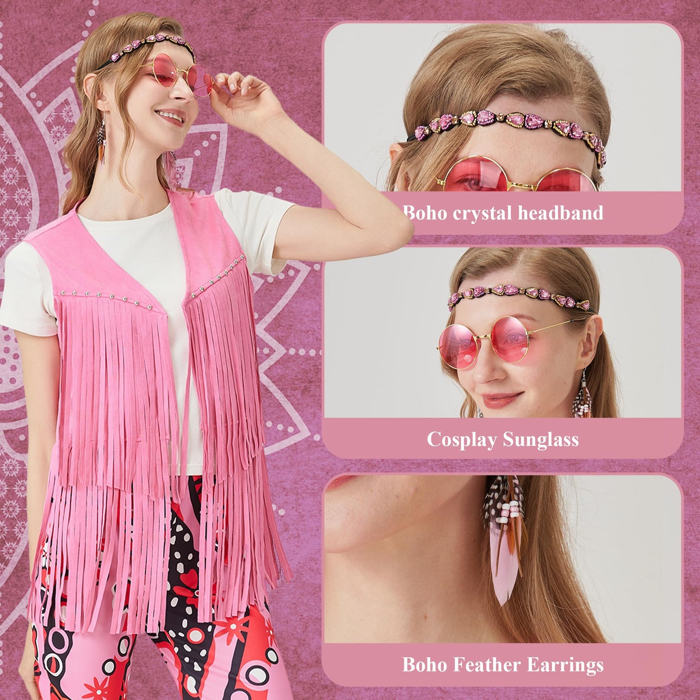 waypool 60s 70s Costume Outfits Motown Disco Outfits Fringe Vest Boho Flared Pants Set Earrings, Hippy Glasses, Headbands Flower