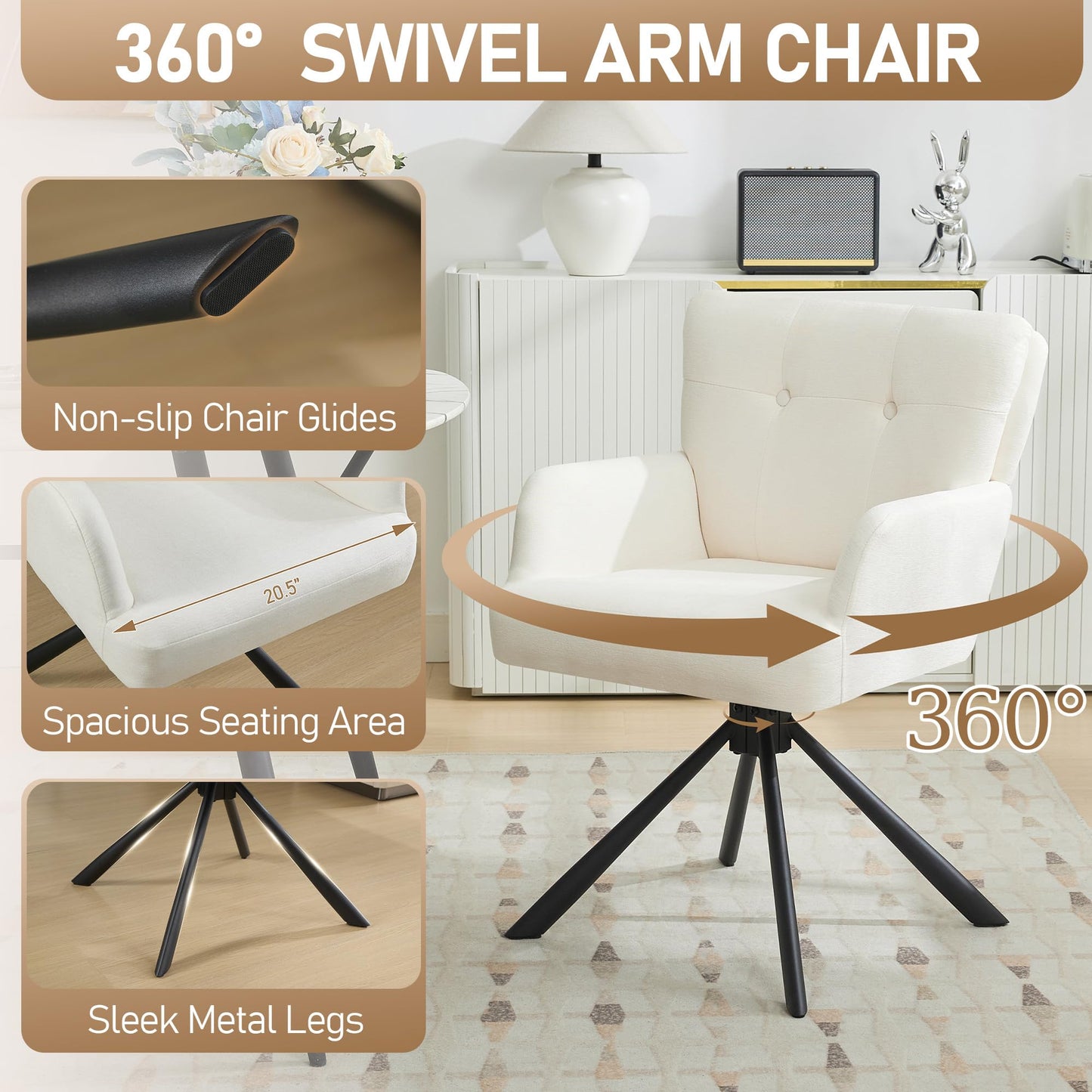 WUTUTUEE Fabric Dining Chair Modern Upholstered Swivel Dining Room Chairs Comfy Accent Armchair with Mid Back, Desk Arm Chair No Wheels for Kitchen/Living Room/Dining Room, White