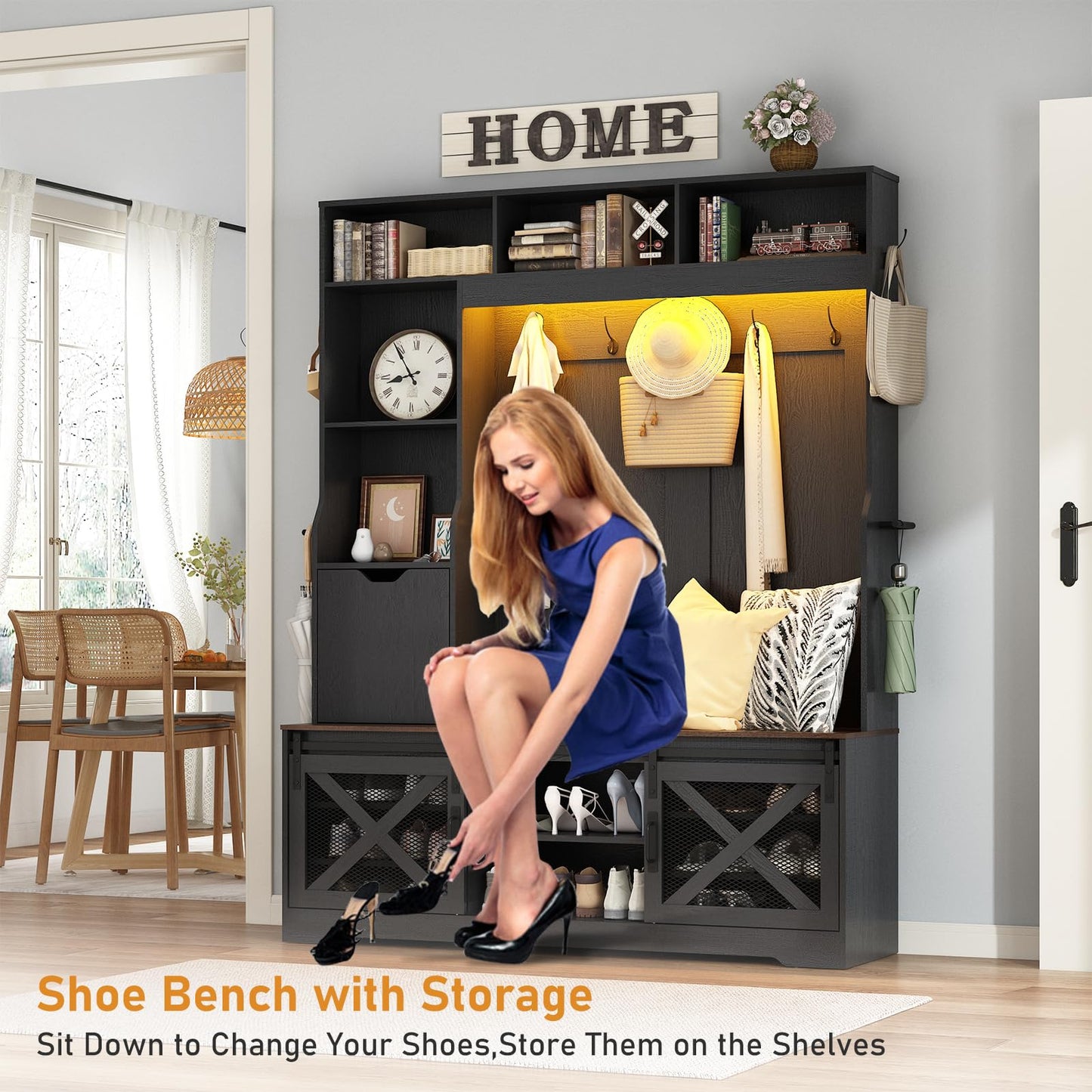 75''H LED Farmhouse Hall Tree with Bench and Shoe Storage,Entryway Bench with Coat Rack,16 Shoe Cubbies & Umbrella Holder and Sock Storage Drawer,Mudroom/Hallway Storages Cabinet(black)
