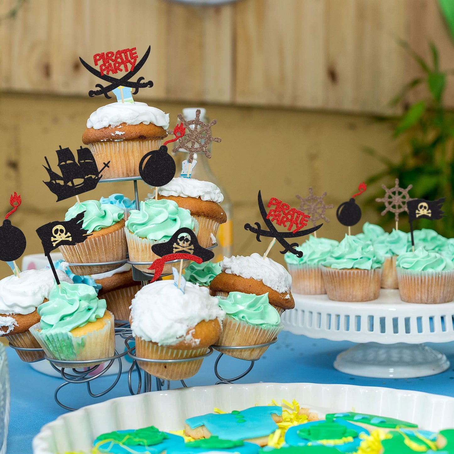 24Pcs Pirate Cupcake Toppers Black Glitter Nautical Sailing Skull Cap Cupcake Picks for Pirate Theme Baby Shower Kids Birthday Party Cake Decorations Supplies