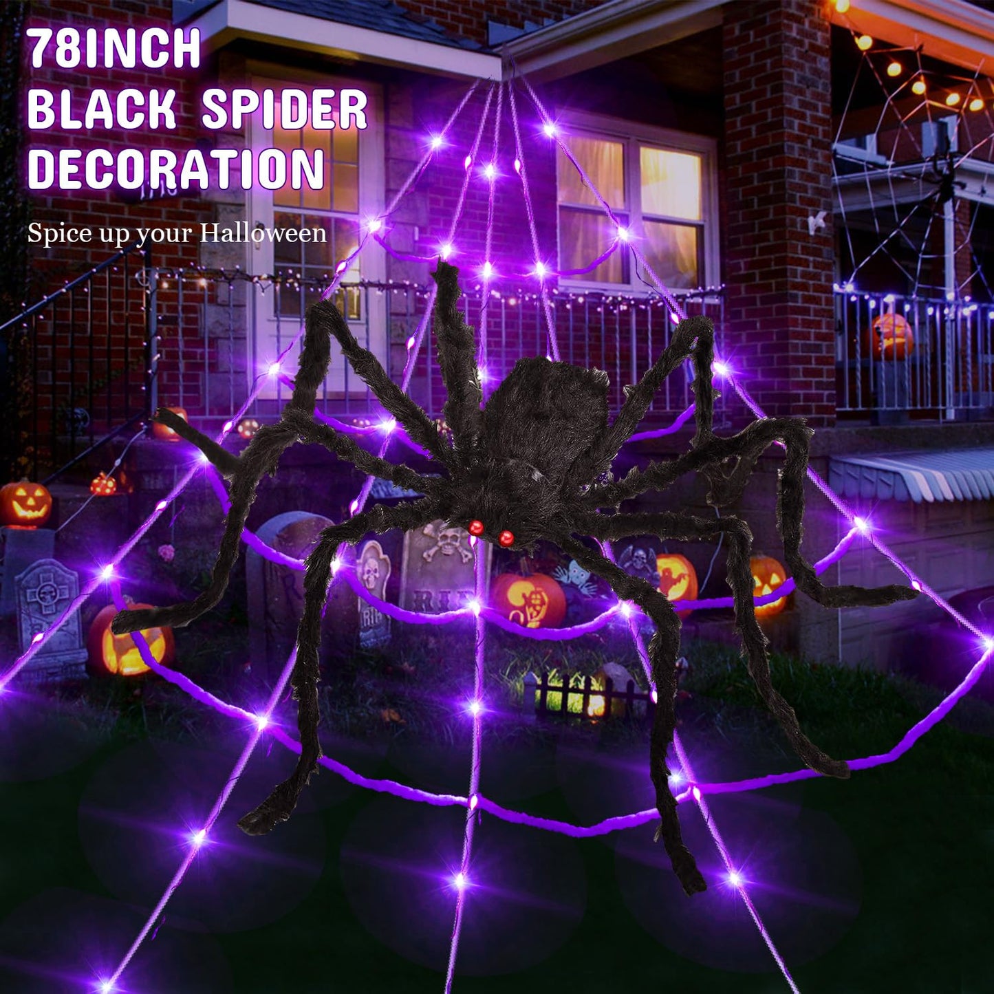 8 Modes 20 * 17FT Halloween Light Up Spider Web 250 Led Purple & Orange Lights Operated with 6.5Ft Giant Spider 200sqft Cobweb 20 Small Spiders for Indoor and Outdoor Decor Yard Decoration