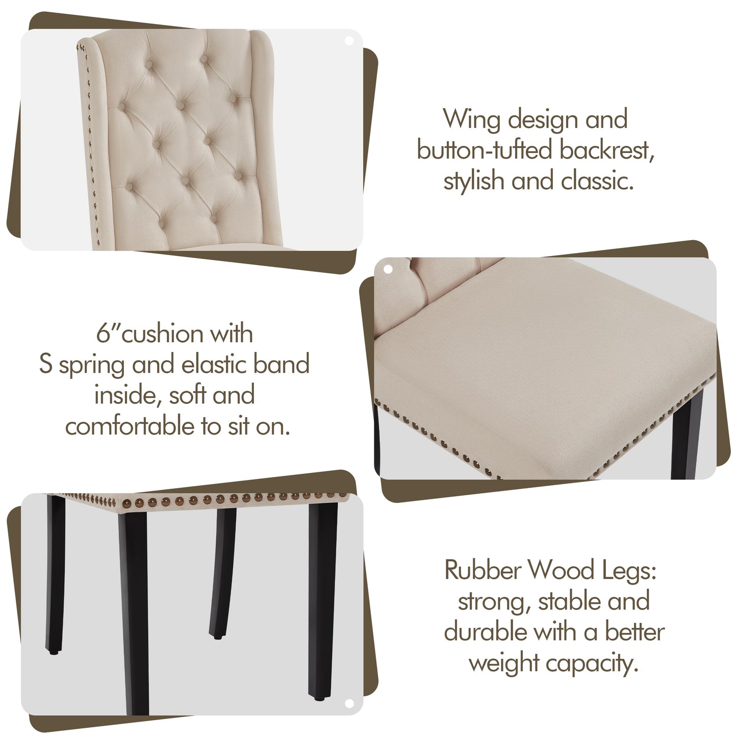 Yaheetech Upholstered Dining Chairs Set of 6 Button Tufted Kitchen Chairs with Solid Wood Legs and Nailhead Trims for Dining Room, Living Room, Restaurant, Beige