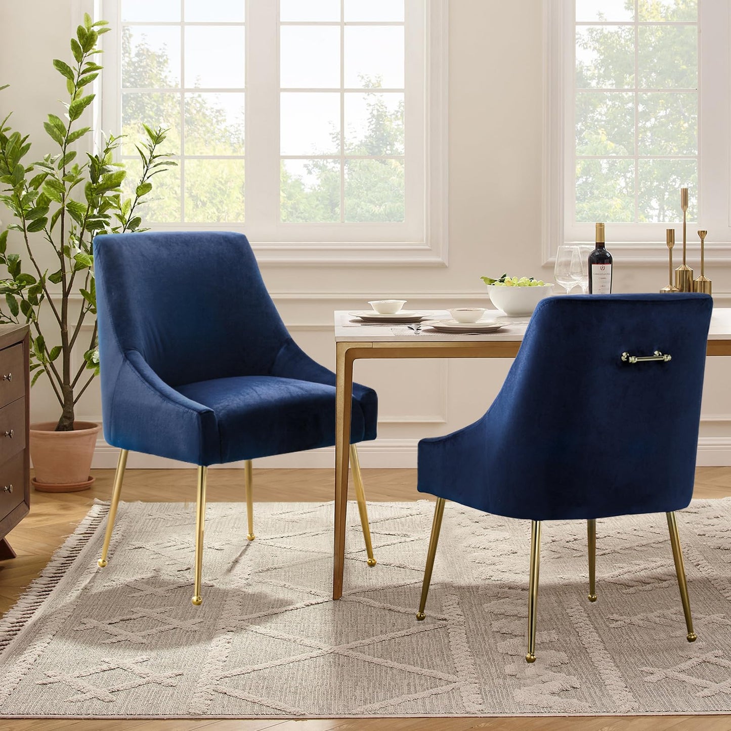XINHE Dining Chairs Set of 2, Modern Velvet Fabric Upholstered Kitchen Chair with Metal Handle, Thick Cushion (Blue)