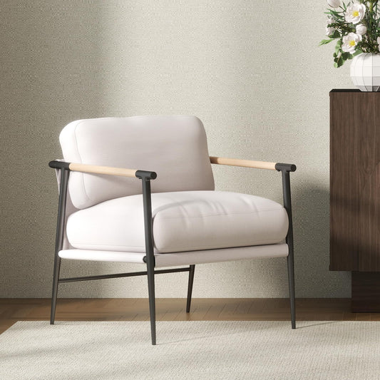 Ya-Home Mid-Century Accent Chair, Soft Armchair Chenille Fabric Lounge Chair with Black Metal Legs, Upholstered Leisure Chair for Living Room Bedroom Reception Room, 1PC, Beige