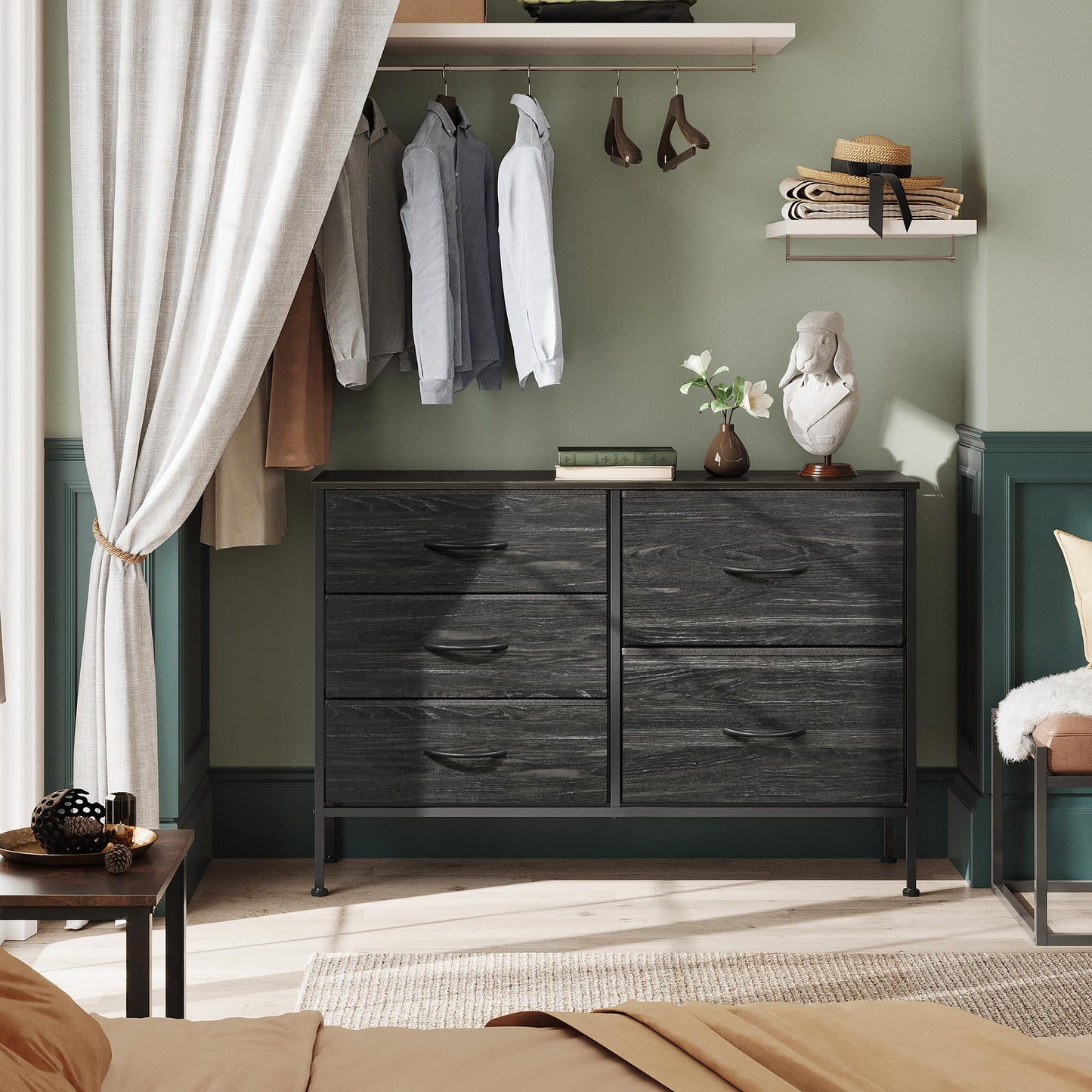 WLIVE Dresser for Bedroom with 5 Drawers, Wide Dressers with Drawer Organizers, Chest of Drawers, Fabric Dresser for Living Room, Closet, Hallway, Charcoal Black Wood Grain Print