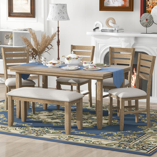 6-Piece Dining Table Set with Bench for 6 Rectangular Kitchen Table Set with 4 Chairs & Bench Retro Dining Room Table and Chairs for Kitchen, Dining Room (Natural)