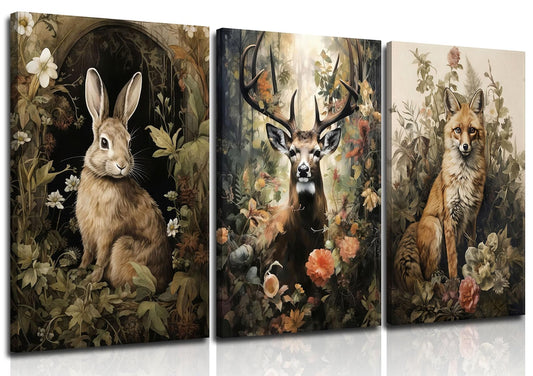 3pcs Vintage Forest Animal Canvas Wall Art Wild Animal Deer Rabbit Fox Paintings Pictures Dark Academia Wall Decor Gothic Botanical Posters Print Artwork for Living Room Office Decor 12x16in