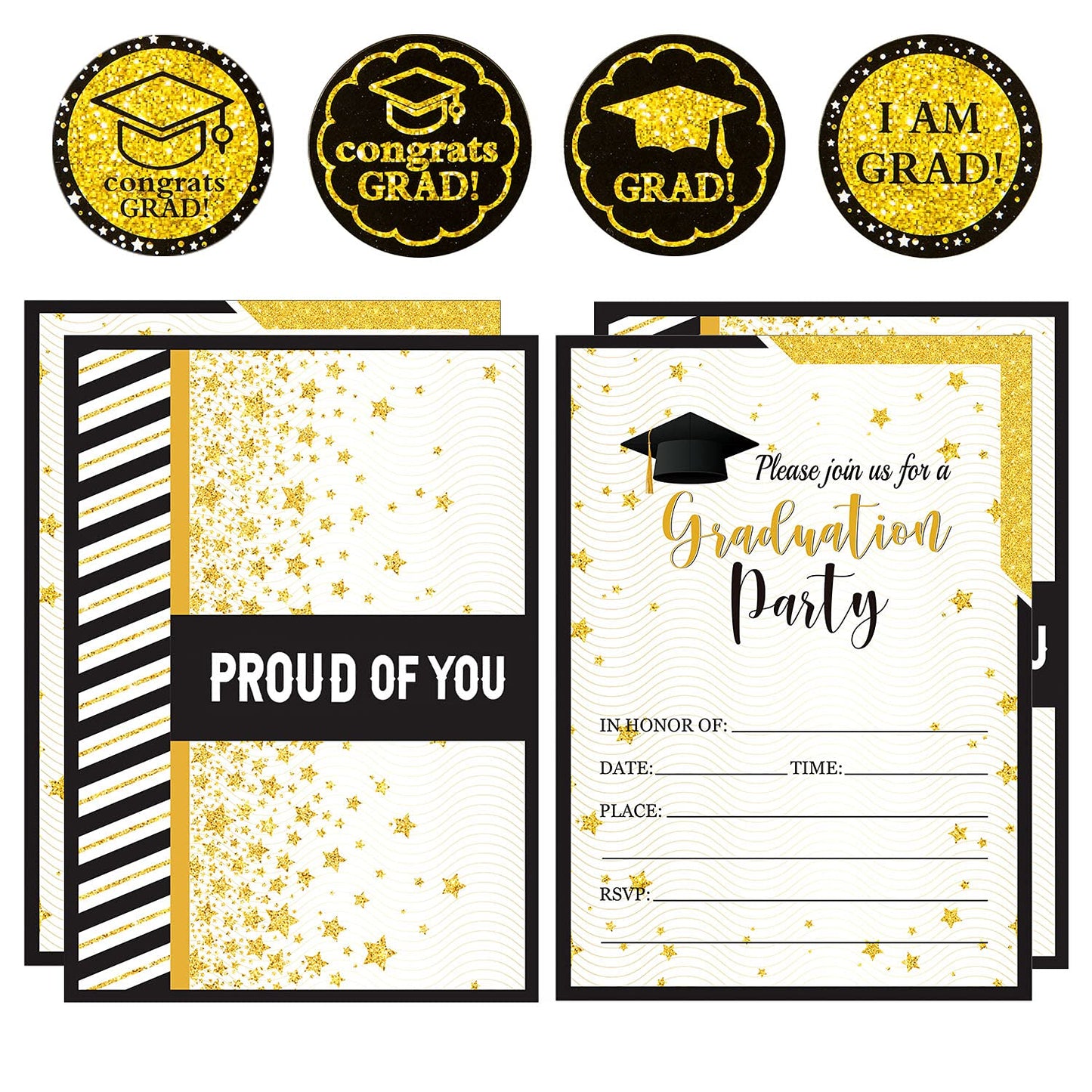 Whaline 35 Set Graduation Party Invitations with Envelopes and Grad Stickers Graduation Announcements Black Gold Invite Cards for College High School University Grad Celebration Party