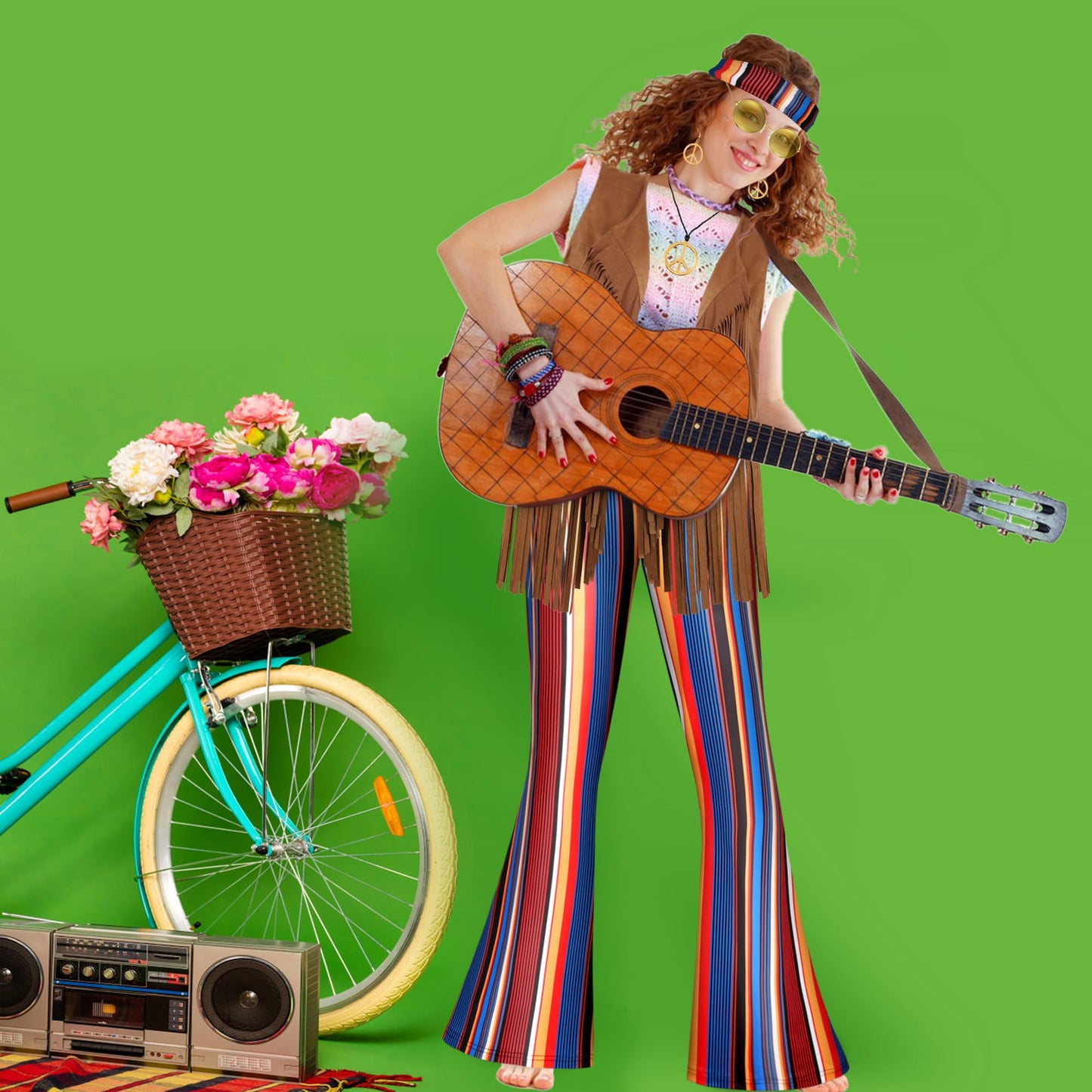 60s 70s Outfit for Women Hippie Costume 8pcs Fringe Vest Flared Pants Costume Peace Sign Necklace Earrings