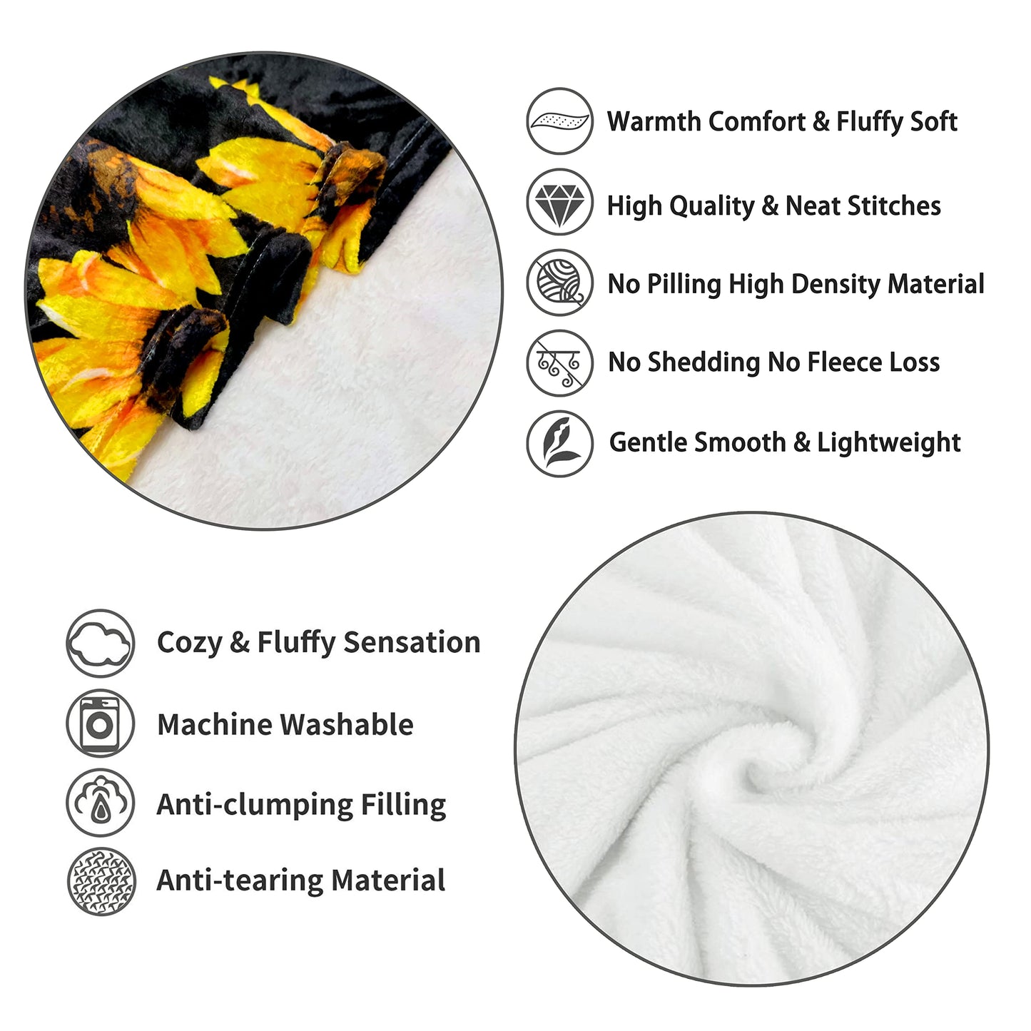 WIBUE Sunflower Throw Blanket 60"x50" with 2 Pcs Pillow Covers 18"x18", Decor Fleece Blanket for Women Men, Fuzzy Soft Cozy Warm Plush Gifts Blankets for Bed Sofa Couch Chair Living Room Bedroom