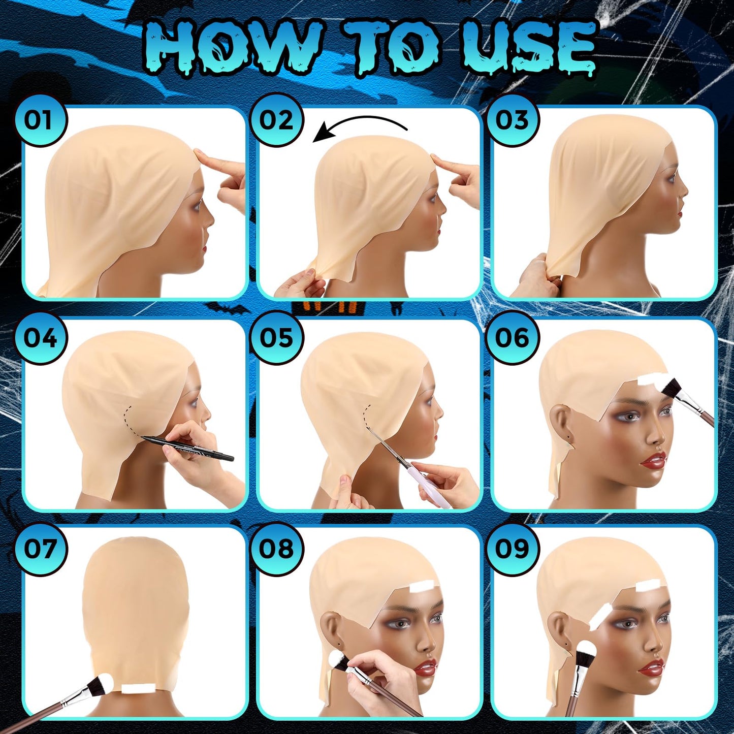 Wavwavw 6 Pcs Bald Caps for Men Women Makeup Latex Bald Head Wig Cap Balds Hat Cosplay Makeup Halloween Costume Accessories(Beige,Medium,Novel)