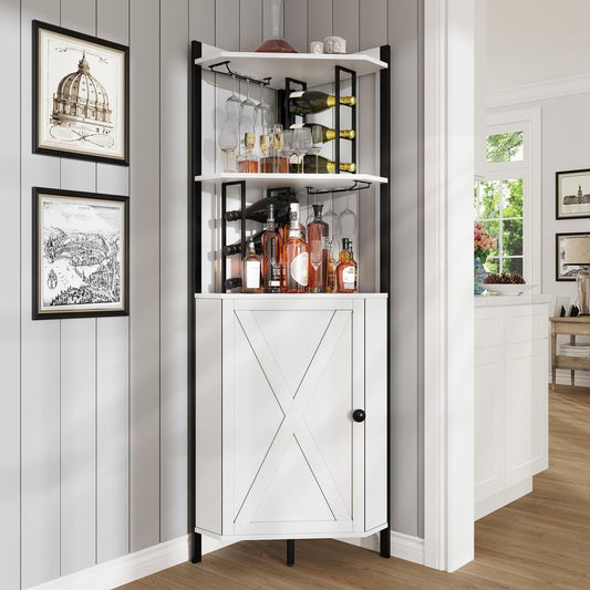 Vividwood 63” Tall Corner Bar Cabinet, Farmhouse Liquor Cabinet with Wine Rack (Holds 50+ Bottles), Glass Holder, Adjustable Shelves & Barn Door, Home Bar for Living Room/Kitchen, Ivory White